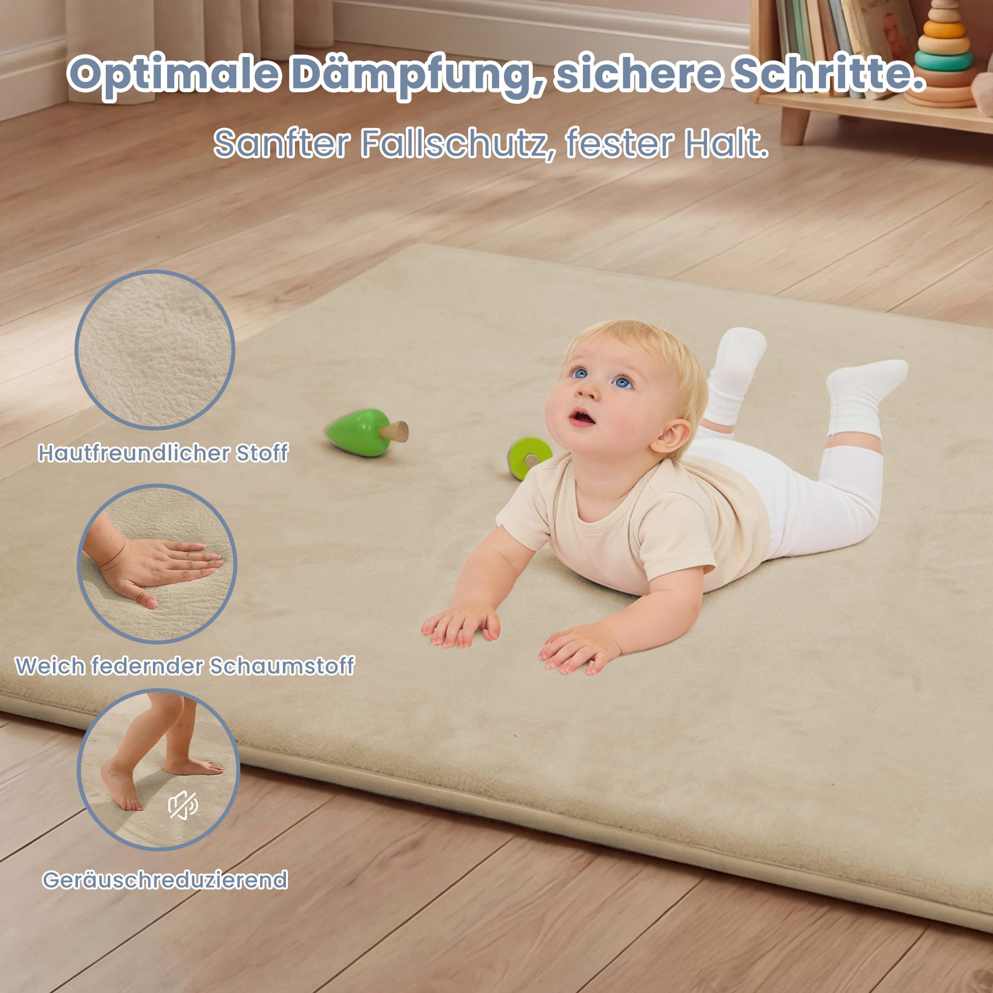 ACOMOPACK Baby Spielmatte, 3cm dick großer rutschfester Kinderteppich,Memory-Schaumstoff samtweiche Krabbelmatte für Bauchlage (Khaki, 150 x 180 cm)