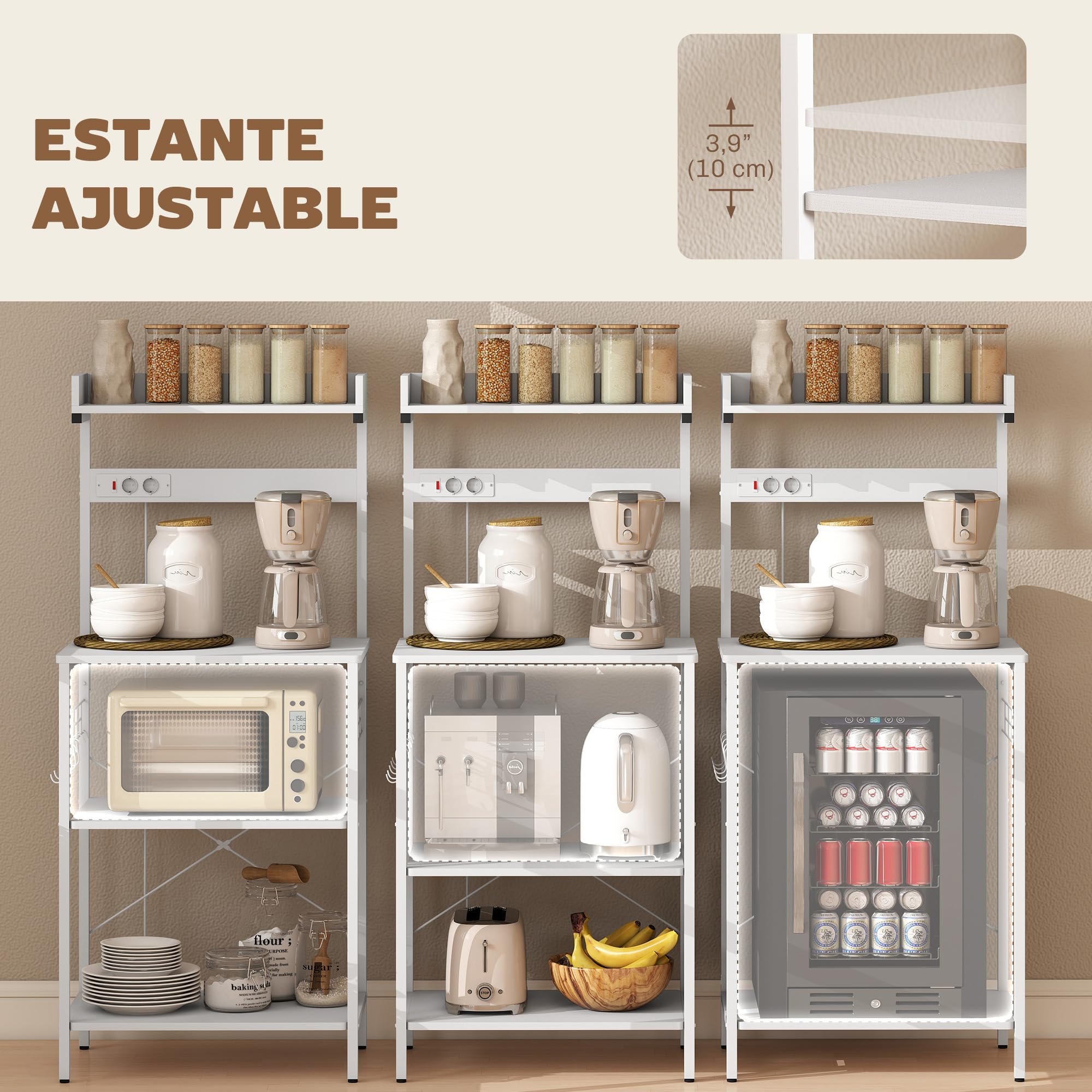 HOMCOM Scaffale da cucina con 2 prese elettriche, scaffale industriale da panetteria con postazione caffè, ripiano per microonde, ripiano regolabile, ganci, 60x42x137 cm, bianco