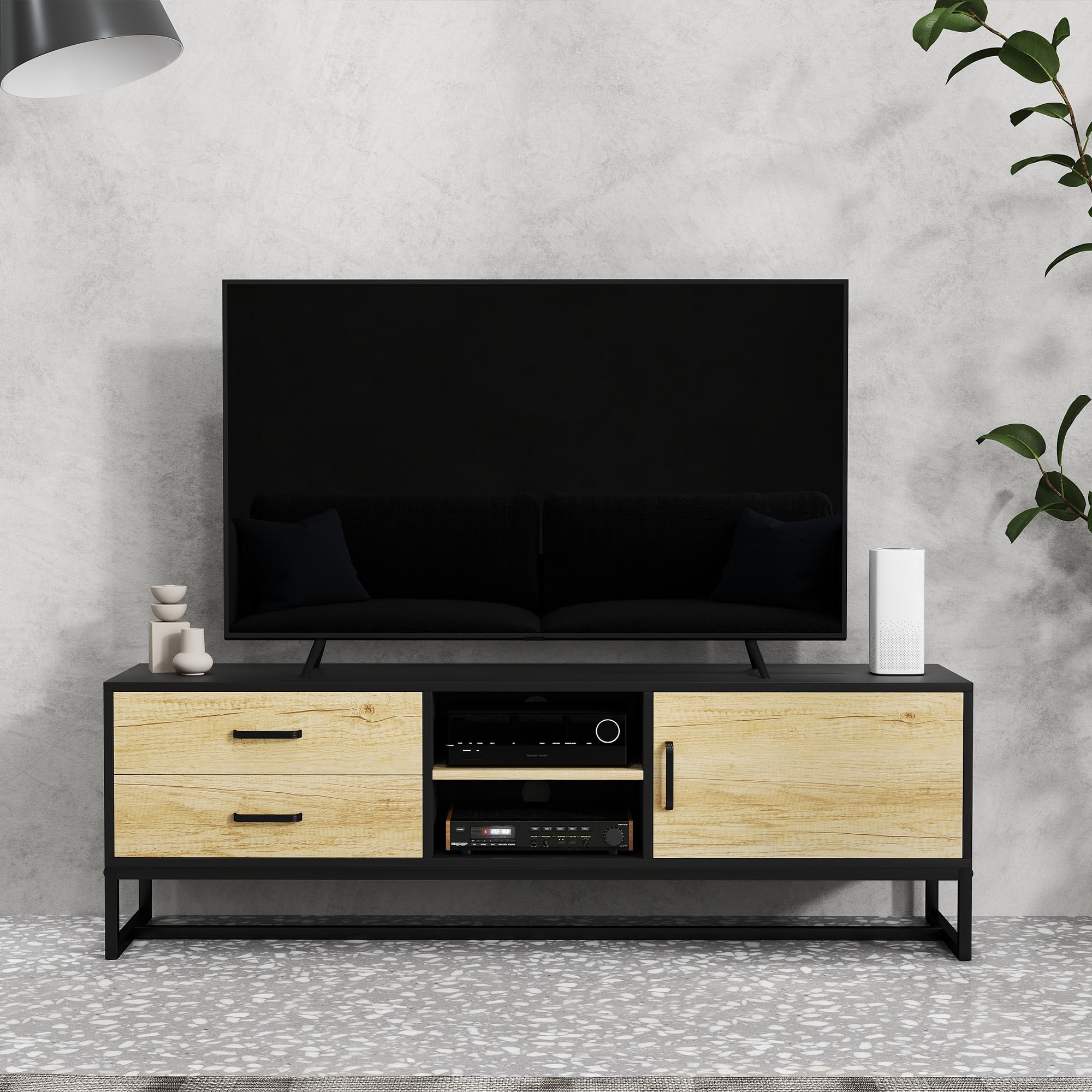 HOMCOM Mobile Porta TV 60" con Armadietto, 2 Cassetti e Ripiani Regolabili, Mobile TV con 2 Aperture Passacavi in Legno per Soggiorno e Salotto, 140x35x45 cm, Legno Naturale e Nero