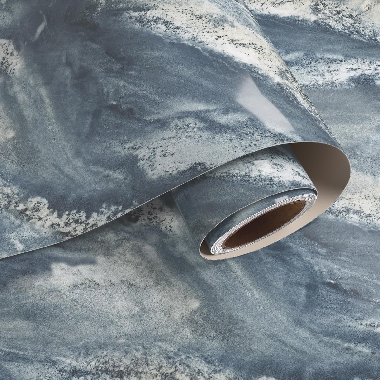 VaryPaper 32" x 354" Glossy Blue Grey Marble Peel and Stick Countertops Waterproof Granite Contact Paper for Table Removable Self Adhesive Marble