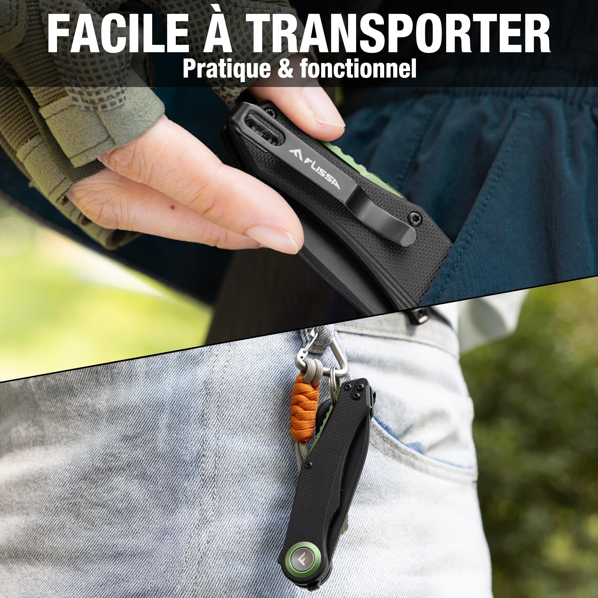FLISSA Couteau Pliant EDC en Acier D2 avec Manche G10 Noir et Accents Vert Olive, Couteau Compact à Lame Noire 8 cm pour Camping, Randonnée et Usage Quotidien