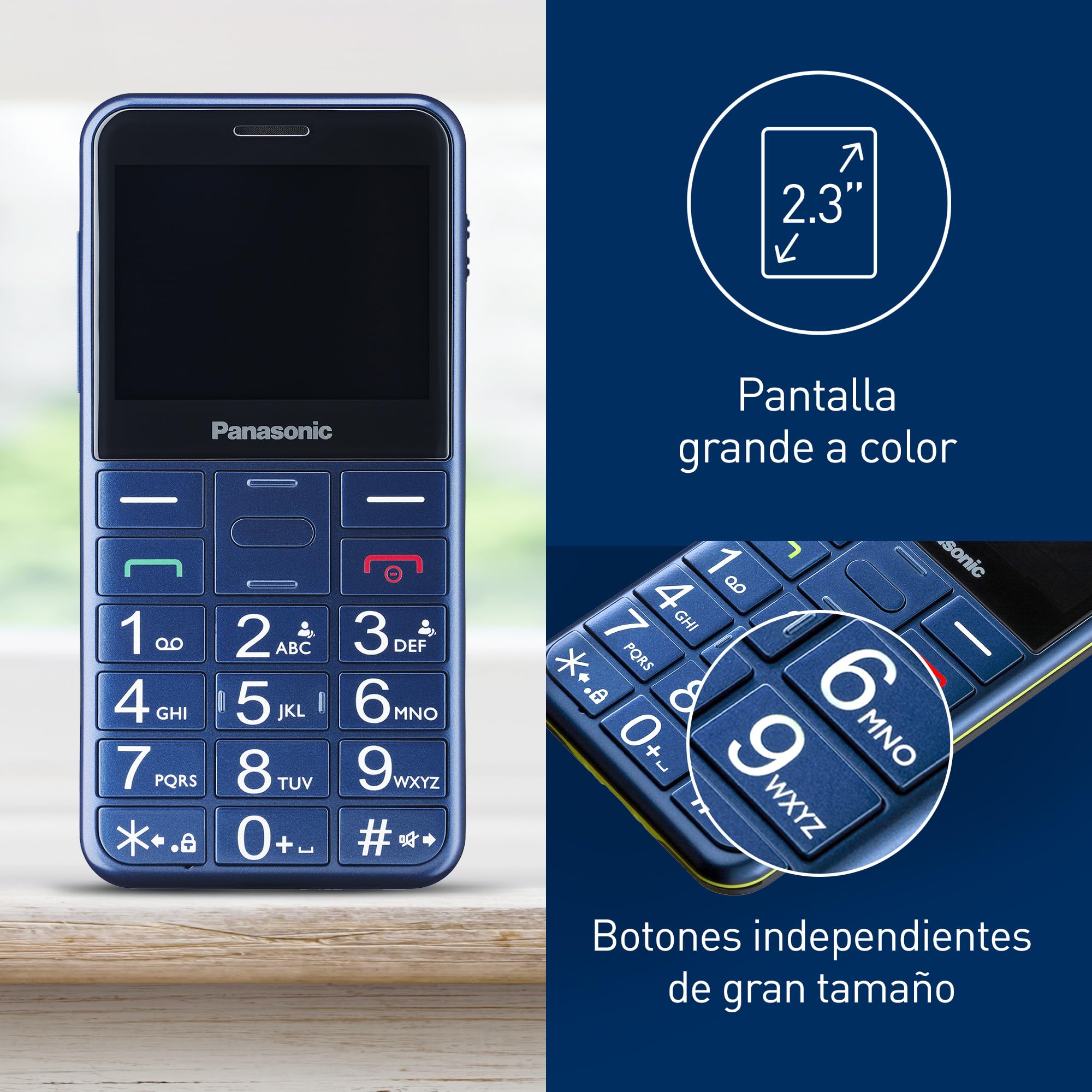 Panasonic KX-TU155EXCN 2G Teléfono Móvil para Mayores, Llamada Prioritaria, Teléfono con Botones Grandes, Compatible con Audífonos, Bluetooth, Radio FM, Cámara, Base de Carga, Azul