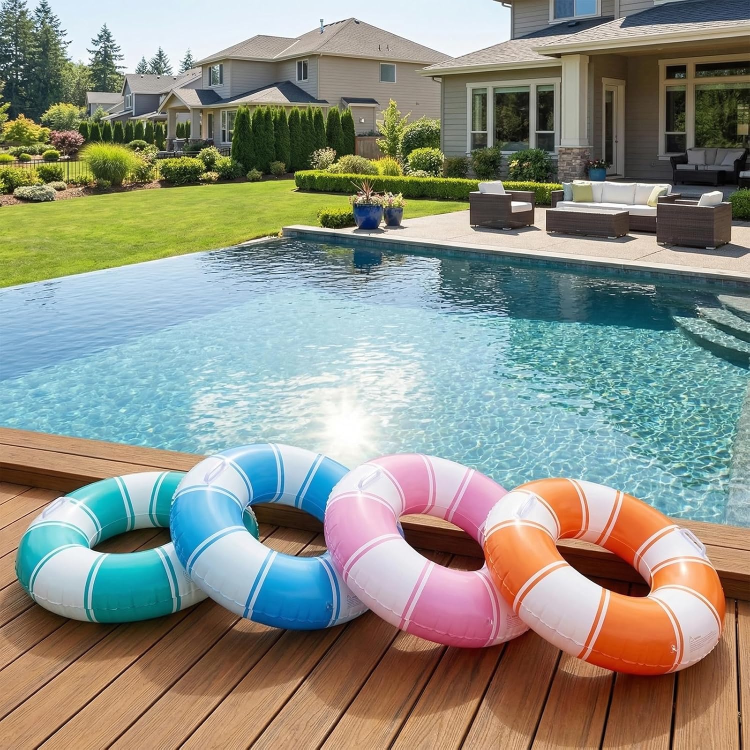Inflatable Pool Floats with Handles 31.5 Inches 4 Colors Classic Striped Swim Rings Tubes Stripes Swimming Pool Floaties with Pump for Summer Beach Lake River Bachelorette Party Decorations