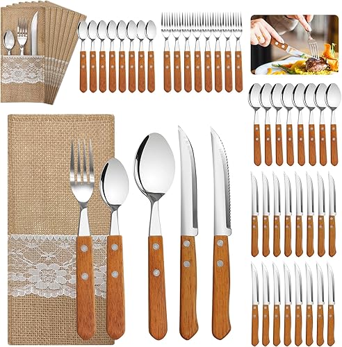 Daily Treasures Juego de cubiertos de 48 piezas, cubiertos de acero inoxidable con asas de madera, utensilios de primera calidad, cuchillo tenedor y