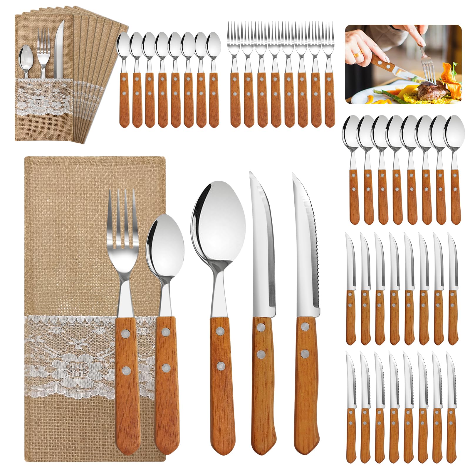 Daily Treasures 48-Piece Flatware Cutlery Set, Stainless Steel Cutlery Silverware with Wooden Handles, Premium Utensils Knife Fork and Spoon Set, Includes Steak Knives, Straws Service for 8 People
