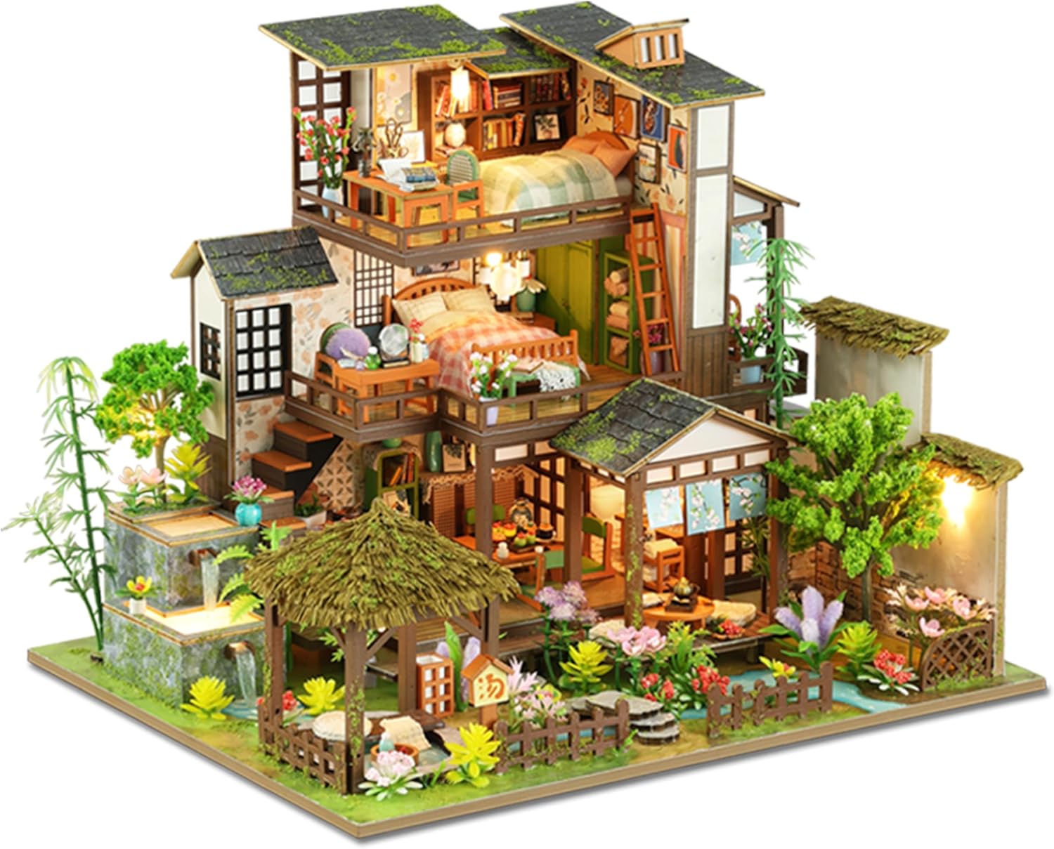 ISSEVE DIY Miniature House Kit, Tiny House Dollhouse Kit for Adults, Mini House Building Kits, Miniature Kit Adult Craft Diorama Kit Home Bookshelf Decoration, Birthday Gifts (Bamboo Spring Courtyard)