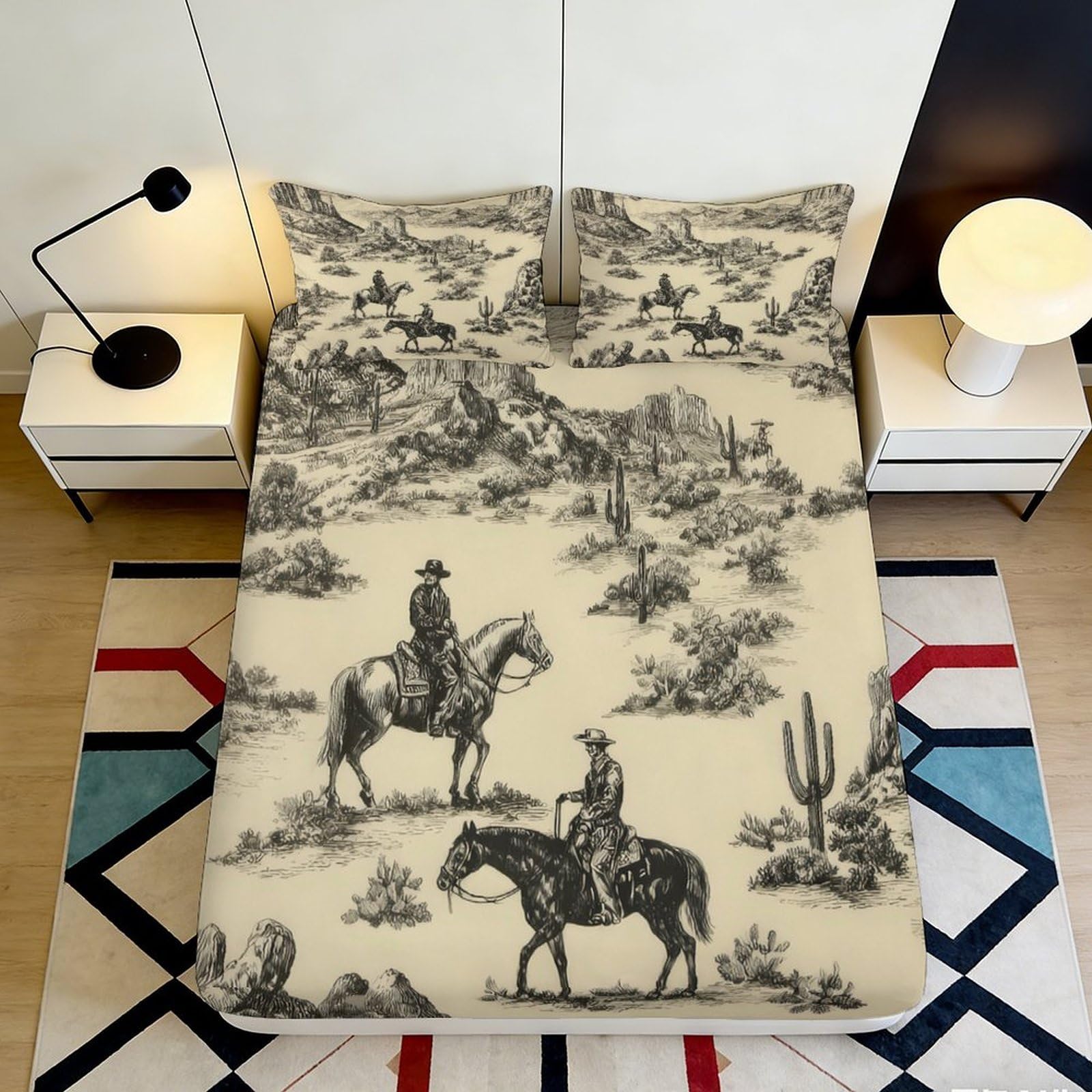 3D Printed Cowboy Western Fitted Sheet Microfiber Soft Breathable Desert Landscape Mattress Cover for Bedroom Dorm Decor 140x200x25cm