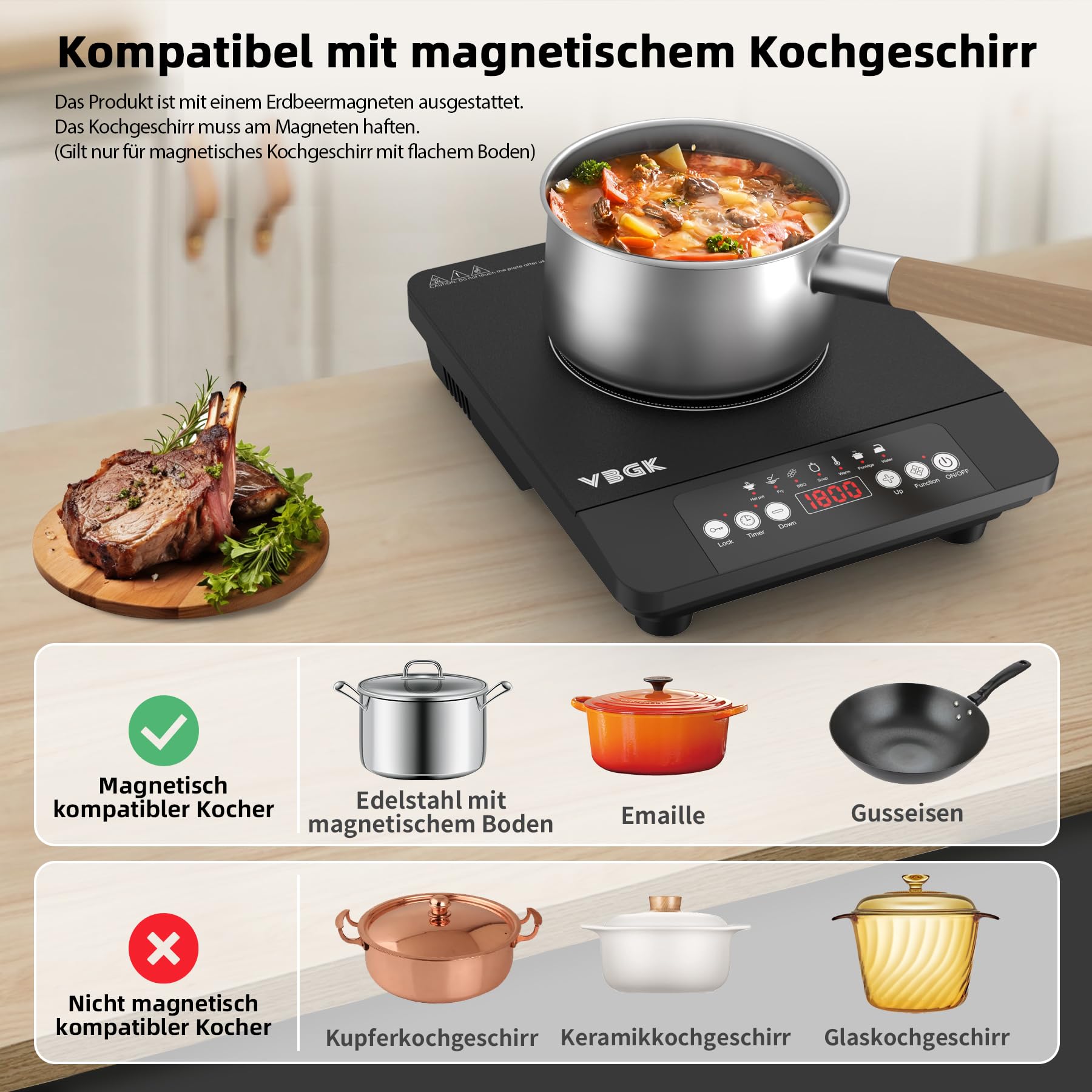VBGK Induktionskochfeld 1 Platten,1800W Tragbares Induktionskochplatte, 220V Kochfelder mit LCD-Touch, 8 Temperaturstufen, Kindersicherung,4-Stunden-Timer
