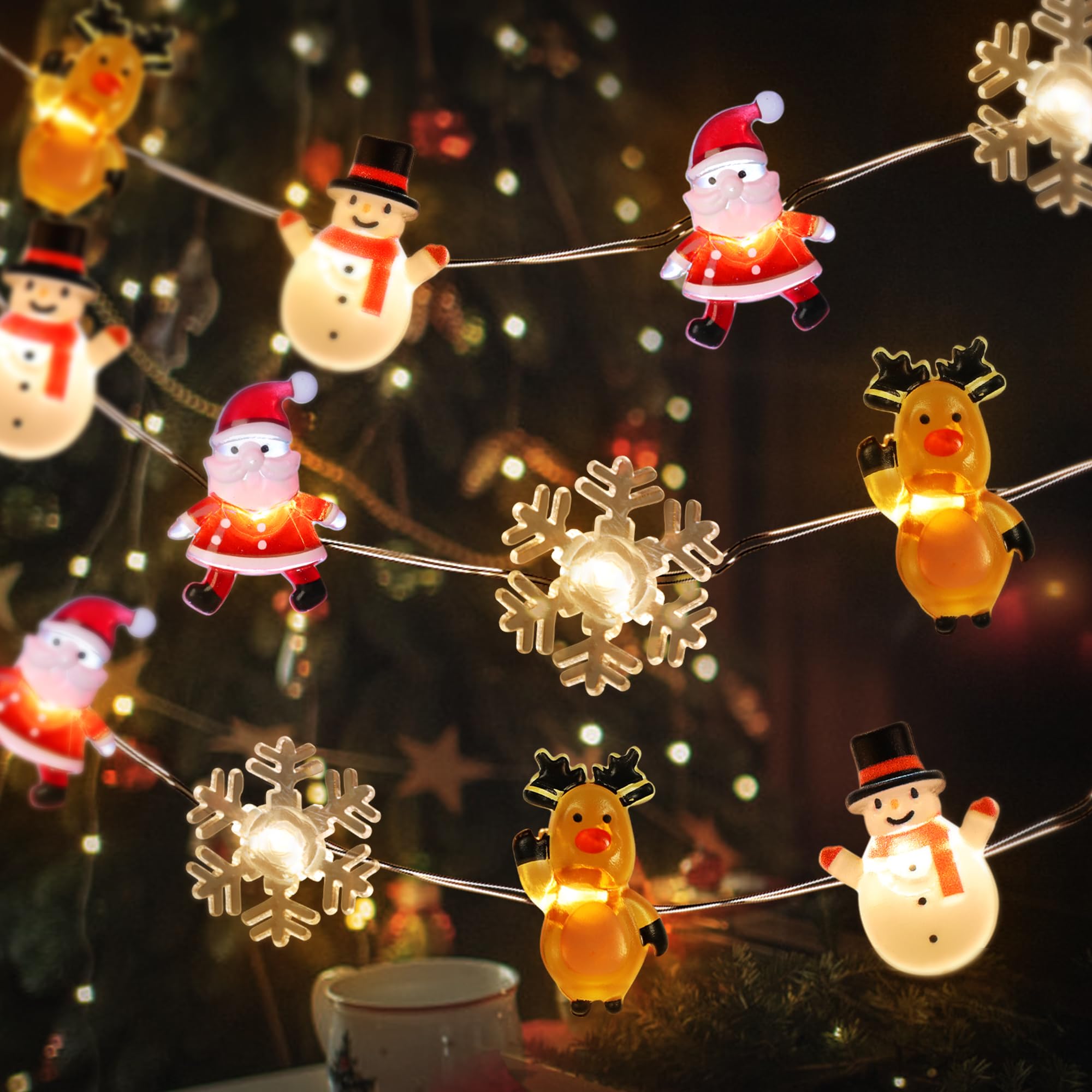 Photo 1 of [Timer] Christmas String Lights Decorations Snowman Tree Santa Christmas Lights Battery Operated,10FT Novelty Xmas Fairy Lights for Indoor Outdoor Tree Decorations (Mini Santa Tree Snowman Elk)