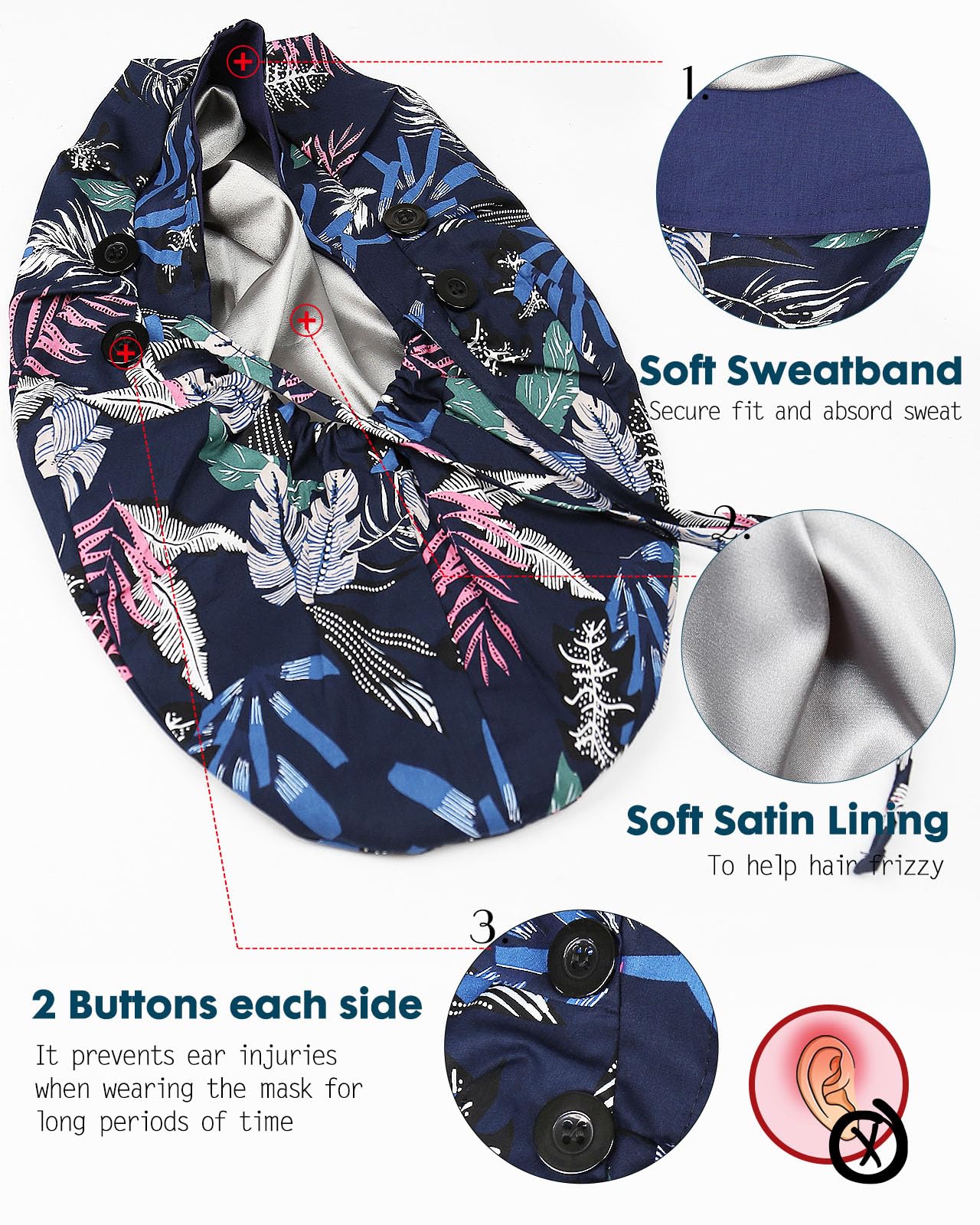 Large Satin Scrub Cap for Women Long Braids Hair Silk Lined Nurse Head Cap Surgical Hat Black Blue