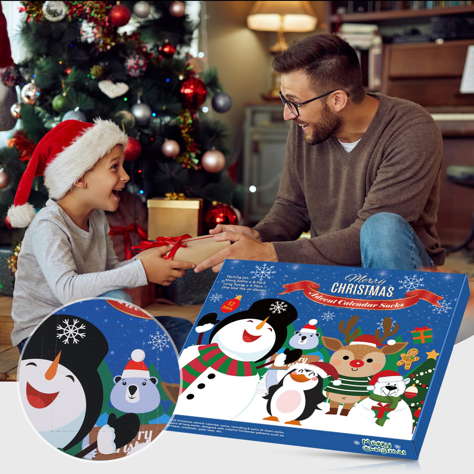 NUOBESTY 12 Paar Weihnachtscountdown Baumwollsocken mit Festlichen Motiven Wie Weihnachtsmann und Schneemann Wiederverwendbar und Waschbar für Gemütliche Winter und Weihnachtsfeiertage