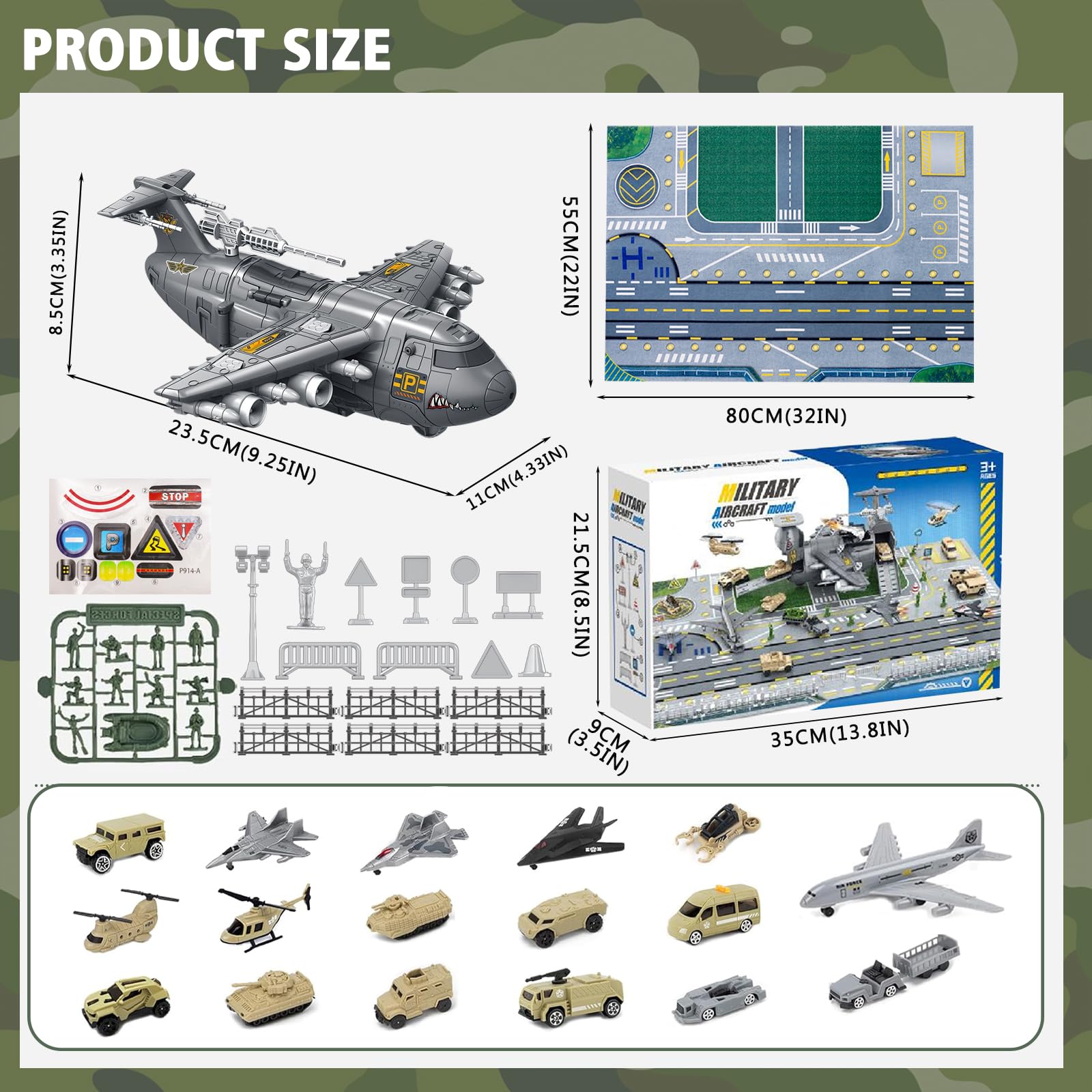 Set di Giocattoli Aereo da Trasporto Cargo Militare, Auto, mini veicolo da combattimento, soldato, elicottero, modello di aereo, Kit giocattolo per veicoli militari, mappa di gioco per bambini età 3+