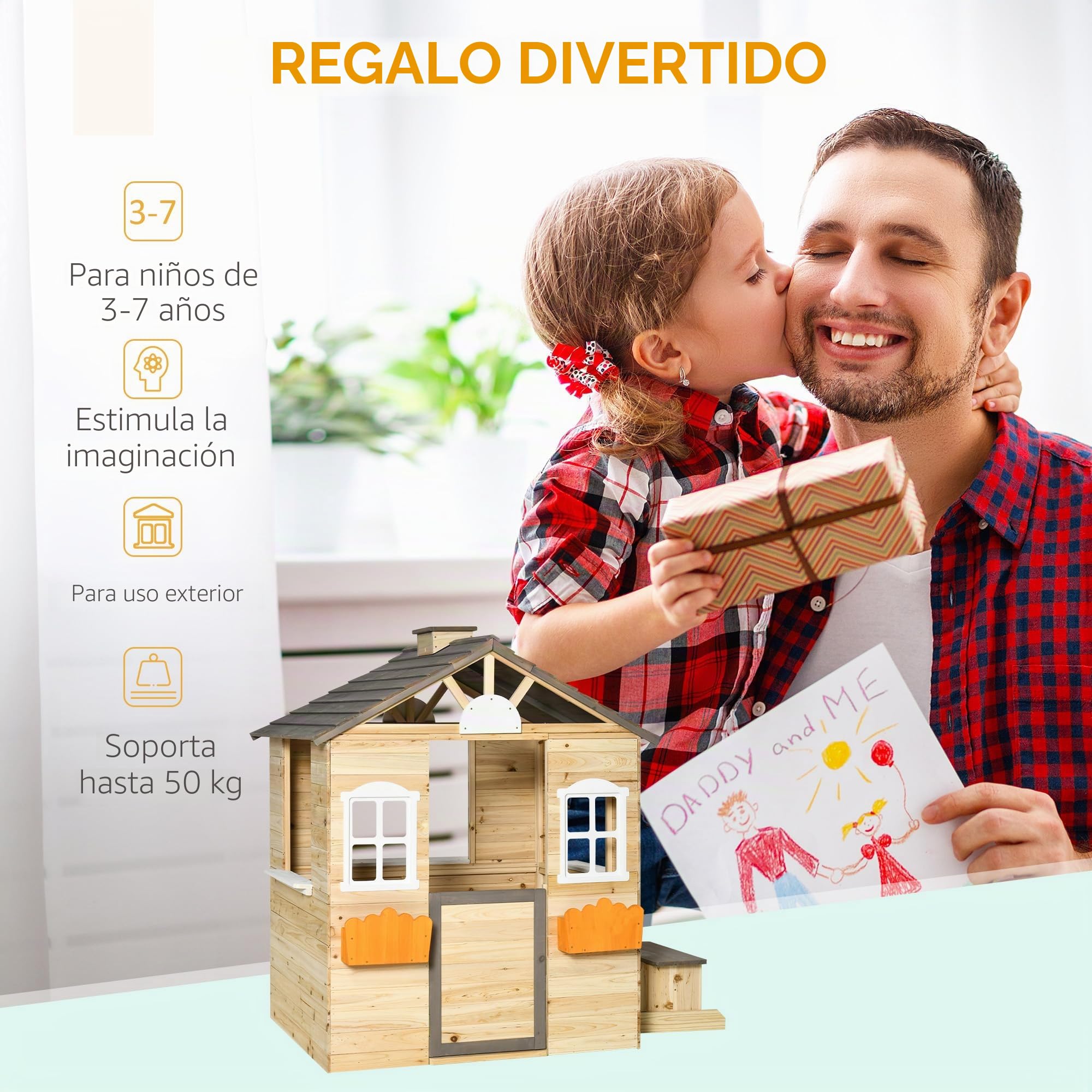 Outsunny Casa de Jardín Infantil de Madera Casa de Juegos Exterior para Niños de 3-7 Años con Ventanas 2 Jardineras y 1 Banco 113x94x134,5 cm Natural