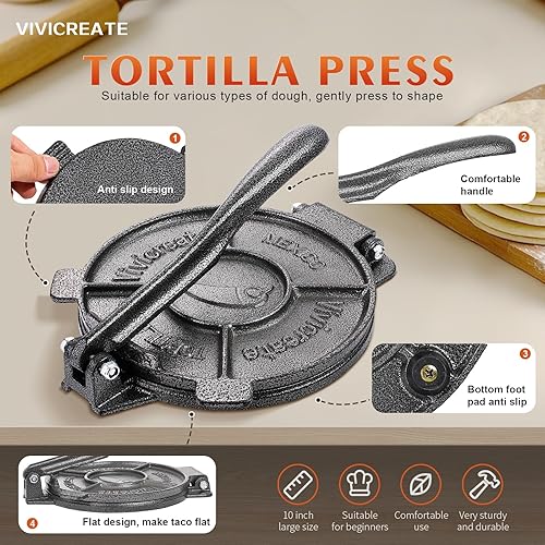 Miniatura 6 de Vivicreate Prensa de tortilla de hierro fundido para tortillas de harina de masa Rotis Quesadilla Maker Prensa para tortillas de hierro fundido