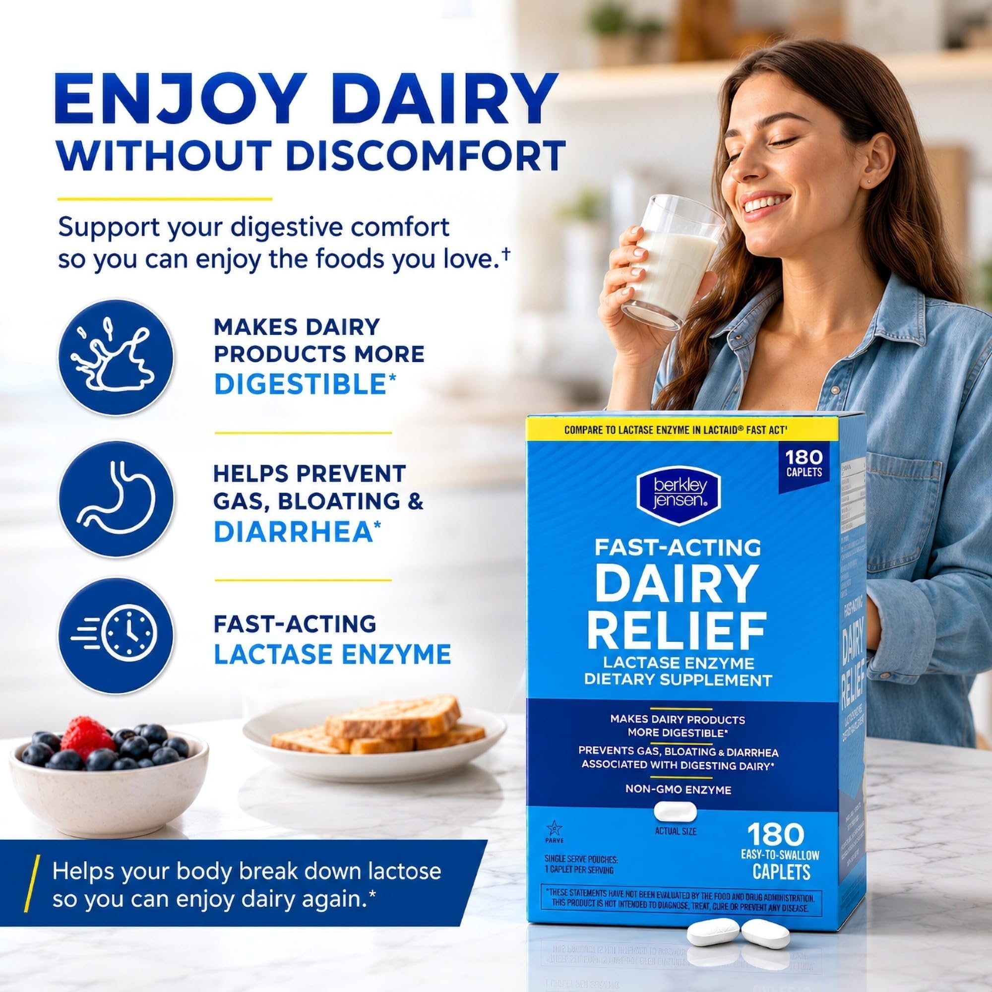 berkley jensen Maximum Strength Fast Acting Lactase Enzyme 9000 FCC - Natural Dairy Relief Digestive Supplement - Helps Prevent Bloating, Gas, Loose Bowels Due to Lactose Intolerance, 180 Tablets — Amazon image 2