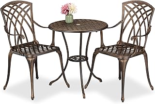 Relaxdays Gartenmöbel Set 3-teilig, Tisch, 2 Stühle, Aluguss, Balkonmöbel Antikdesign, Garten Sitzgruppe, schwarz/Bronze