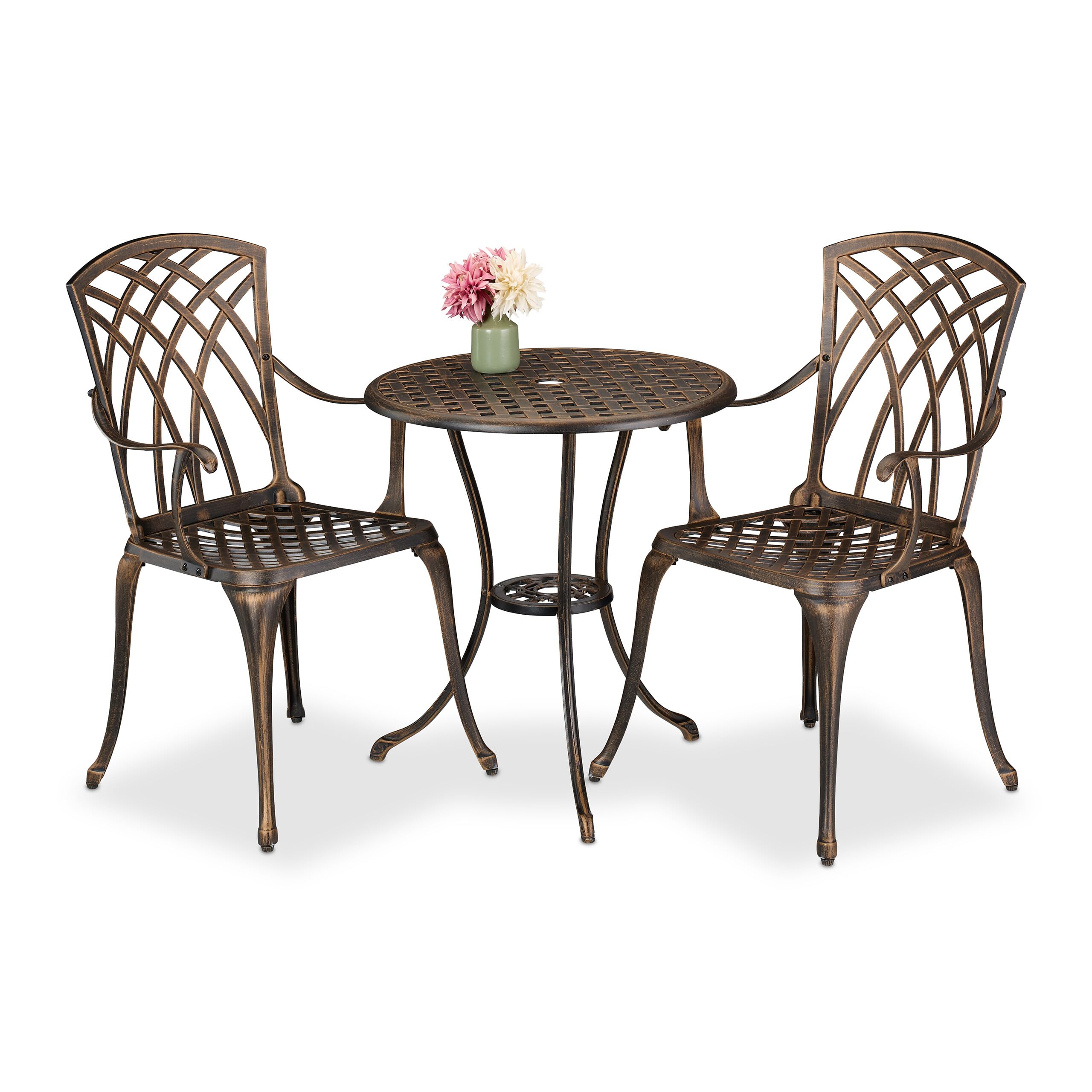 Relaxdays Gartenmöbel Set 3-teilig, Tisch, 2 Stühle, Aluguss, Balkonmöbel Antikdesign, Garten Sitzgruppe, schwarz/Bronze