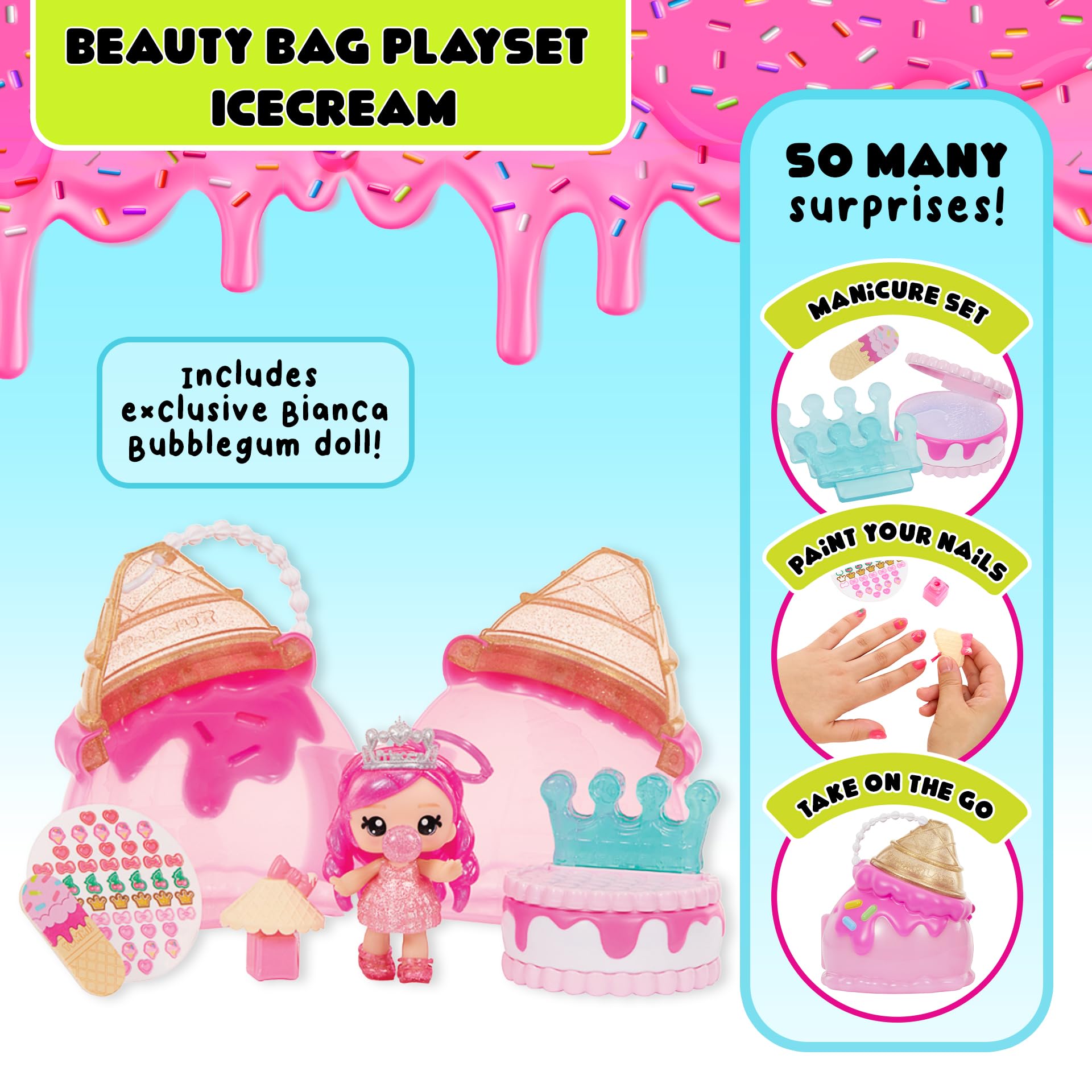 Yummiland Beauty Bag Playset + Lip Gloss Doll, Ice Cream Bag, Includes Exclusive Bianca Bubblegum - Image 3