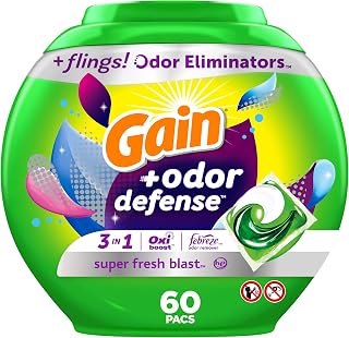Gain Flings Odor Defense Laundry Detergent Pods 60 Ct Super Fresh Blast Scent HE 3-in-1 Pacs with Febreze Oxi