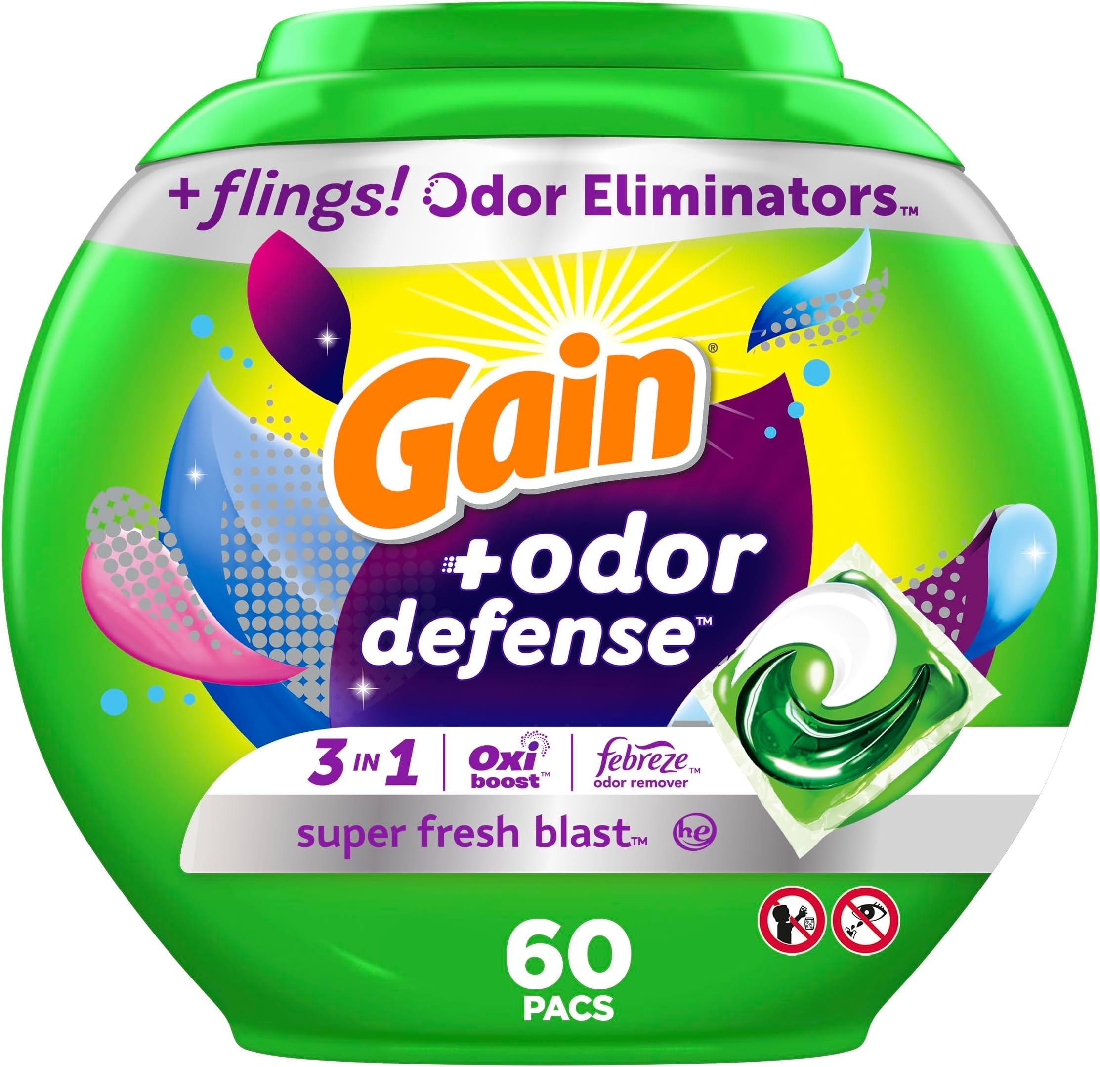 Flings Laundry Detergent Pacs with Odor Defense, 60 Count, Super Fresh Blast Scent, HE 3in1 Detergent Pacs with Febreze and Oxi