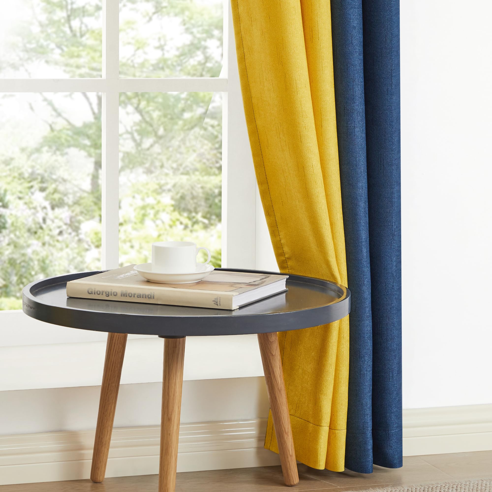 PRIMROSE Lot de 2 Rideaux occultants en Lin à Isolation Thermique avec œillets pour Salon, Chambre à Coucher, Bleu Marine, Jaune, 274,3 cm de Long