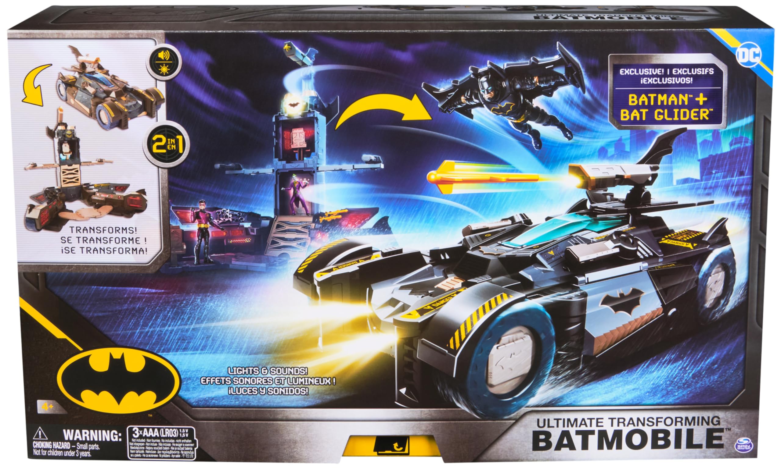 DC Comics - Ultimate Transforming Batmobile mit Batmanfigur (10cm), 1 Pfeil-Katapult, Lichteffekten, Soundeffekten, per Knopfdruck zur Batcave transformierbar. Ab 4 Jahren