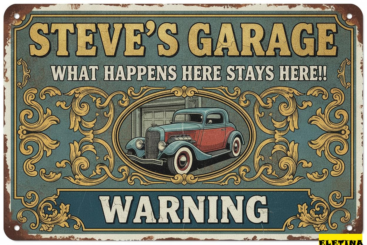 Steve's Garage What Happens Here Stays Tin Sign, 8x12