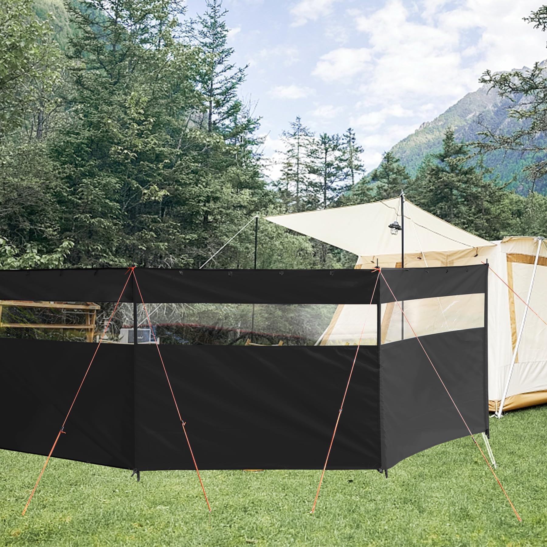 REDCAMP Paravento per campeggio, resistente spiaggia frangivista con finestrella e barre in acciaio, per esterni, per caravan, giardino, barbecue, picnic e falò, colore nero