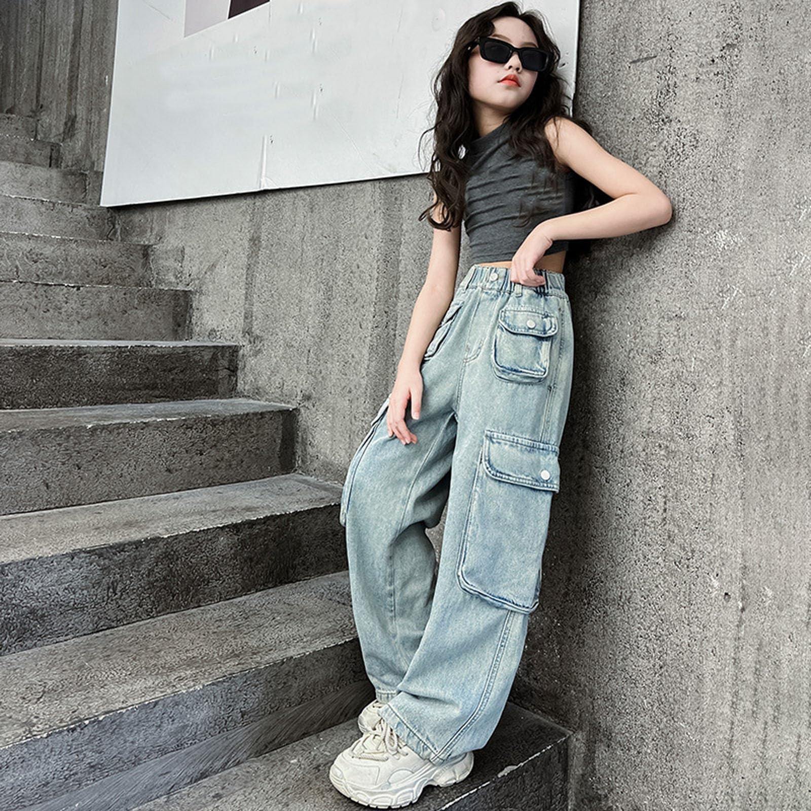 Vaqueros para niños Corte Amplio sin apretar Vaqueros de Cintura Media para Primavera, Verano y otoño Jeans de Pierna Ancha Elásticos y cómodos Jeans con cordón Ajustable Corte Amplio sin apretar