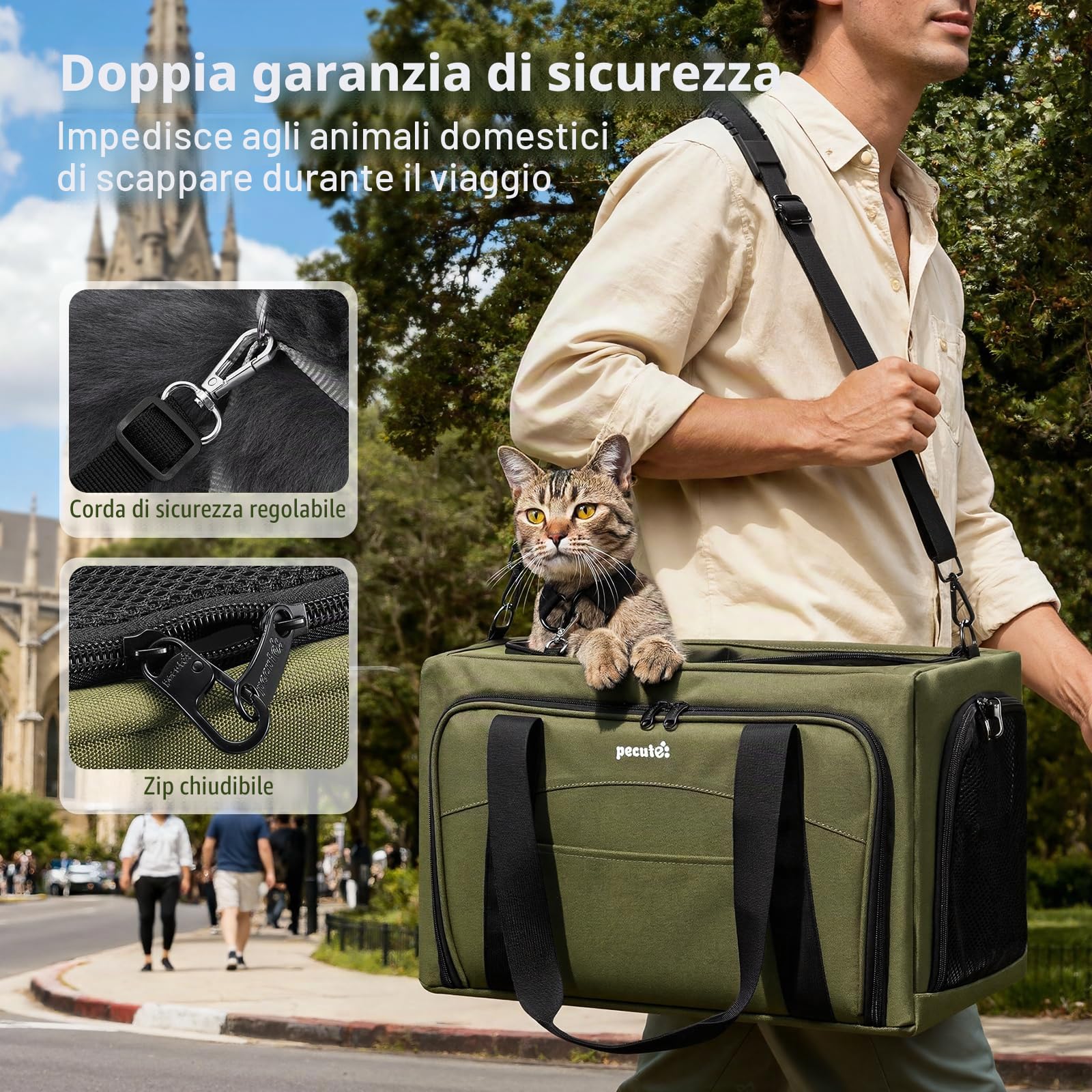 Pecute Trasportino per gatti espandibile, con struttura stabile, traspirante, ampio spazio, trasportino portatile adatto per viaggi comodi, doppia borsa espandibile, verde