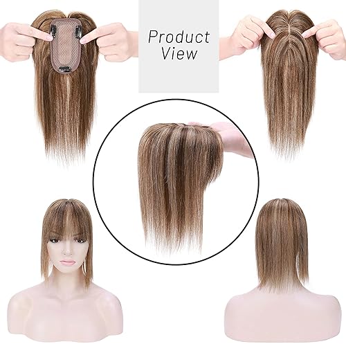 Miniatura 2 de S-noilite Toppers de cabello humano de densidad del 150 % con flequillo, base de seda, clip en la parte superior con clip para mujeres con cubierta