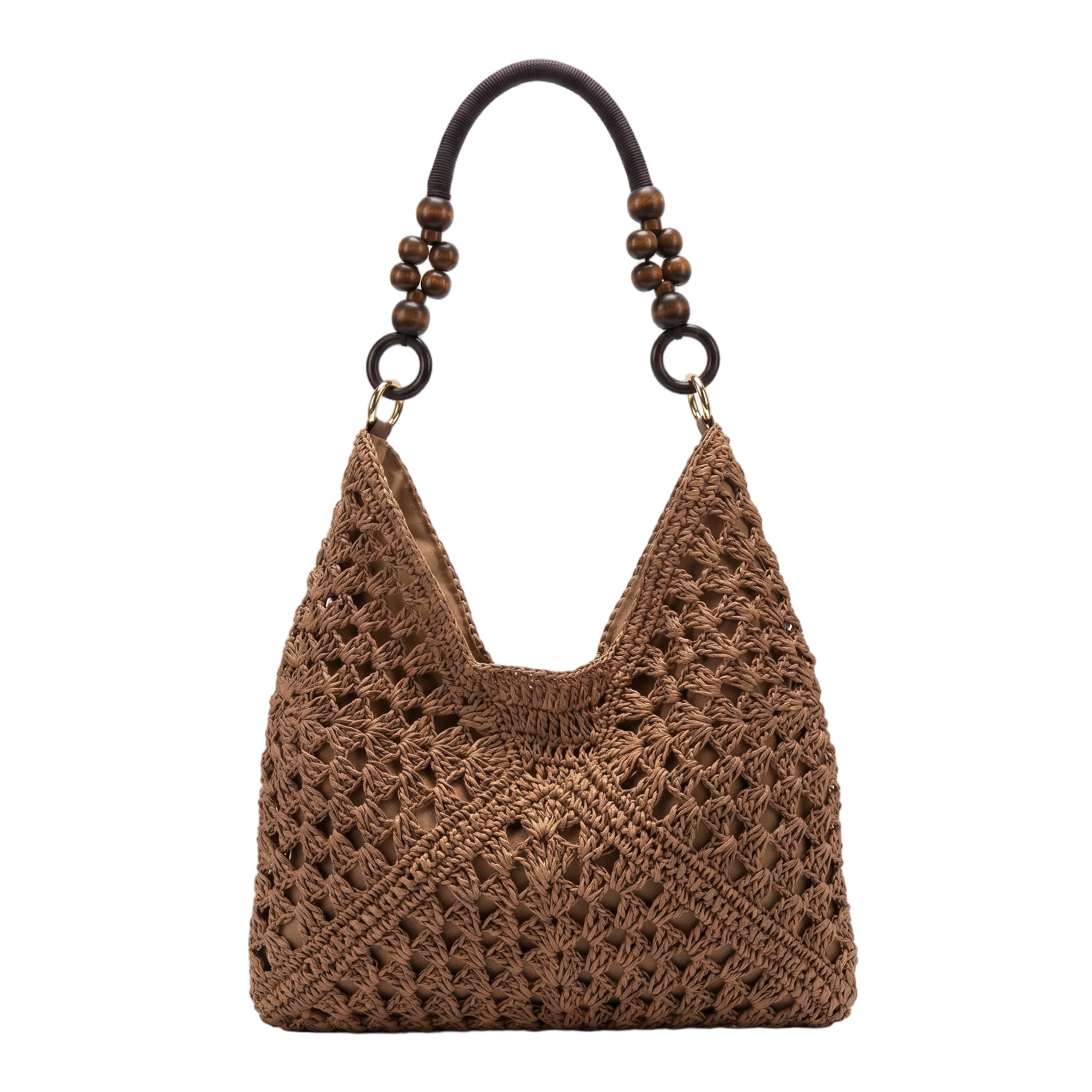 Faroby Woven Beach Bag, Natural Straw Beach Bag - Woven Shoulder Tote with Wooden Bead Handles, Large Capacity, Brown, Straw Shoulder