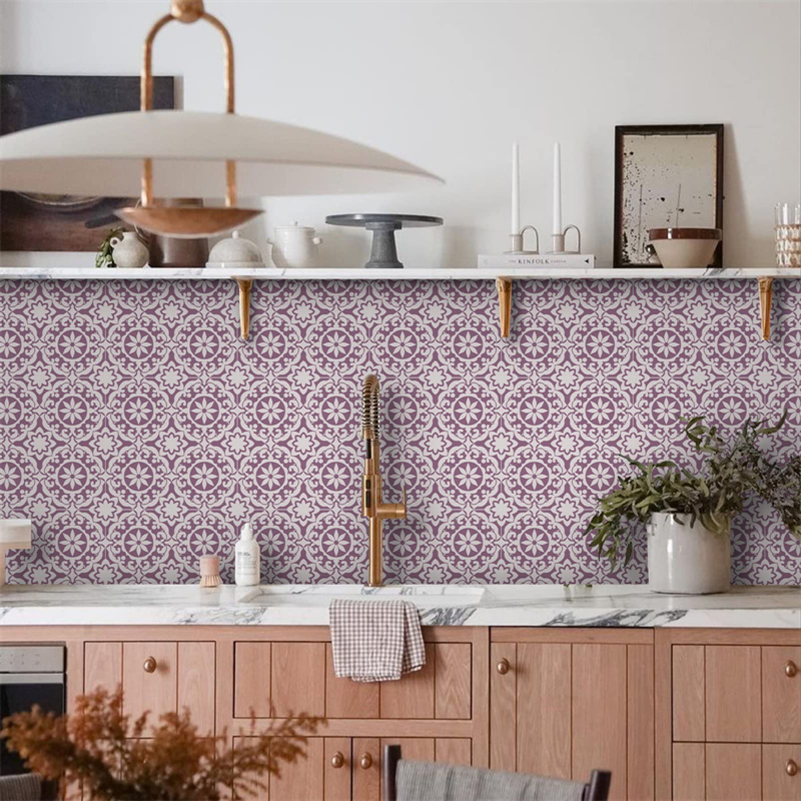 Peel and Stick Wall Tiles Pink Purple Mandala Tiles Self Adhesive PVC Home Decor Backsplash Kitchen Tile Stickers Waterproof Tile Stickers for Bathroom 15x15cm /20 Pcs