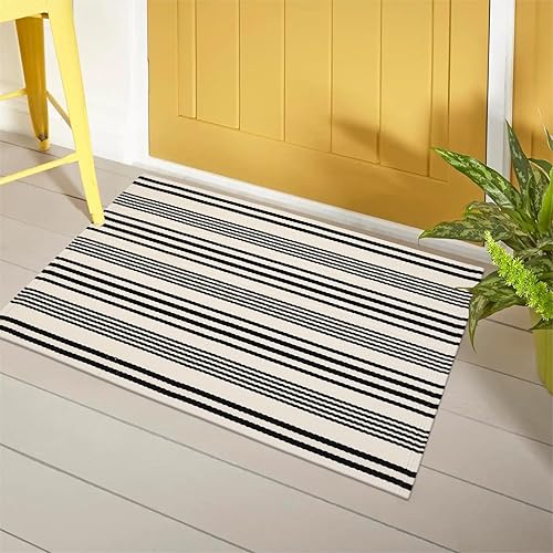 Miniatura 7 de Alfombra de exterior a rayas verdes, 2 x 4.3 pies, de algodón, tejida a mano, reversible, alfombra para el porche delantero de otoño, alfombra