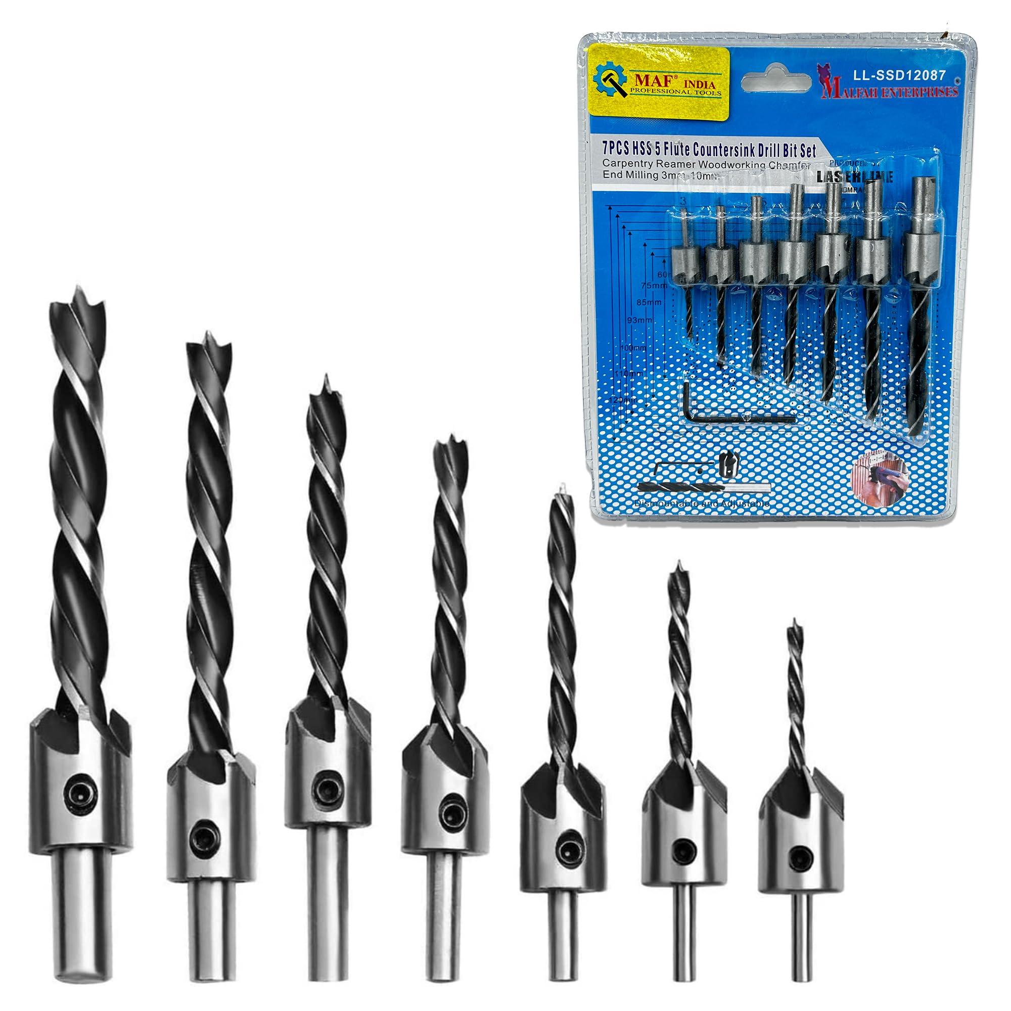 Malfah Countersink Drill Bit Set 7 pcs Woodworking Hss (3mm to 10mm) Screw Head Countersinking Chamfer Tool