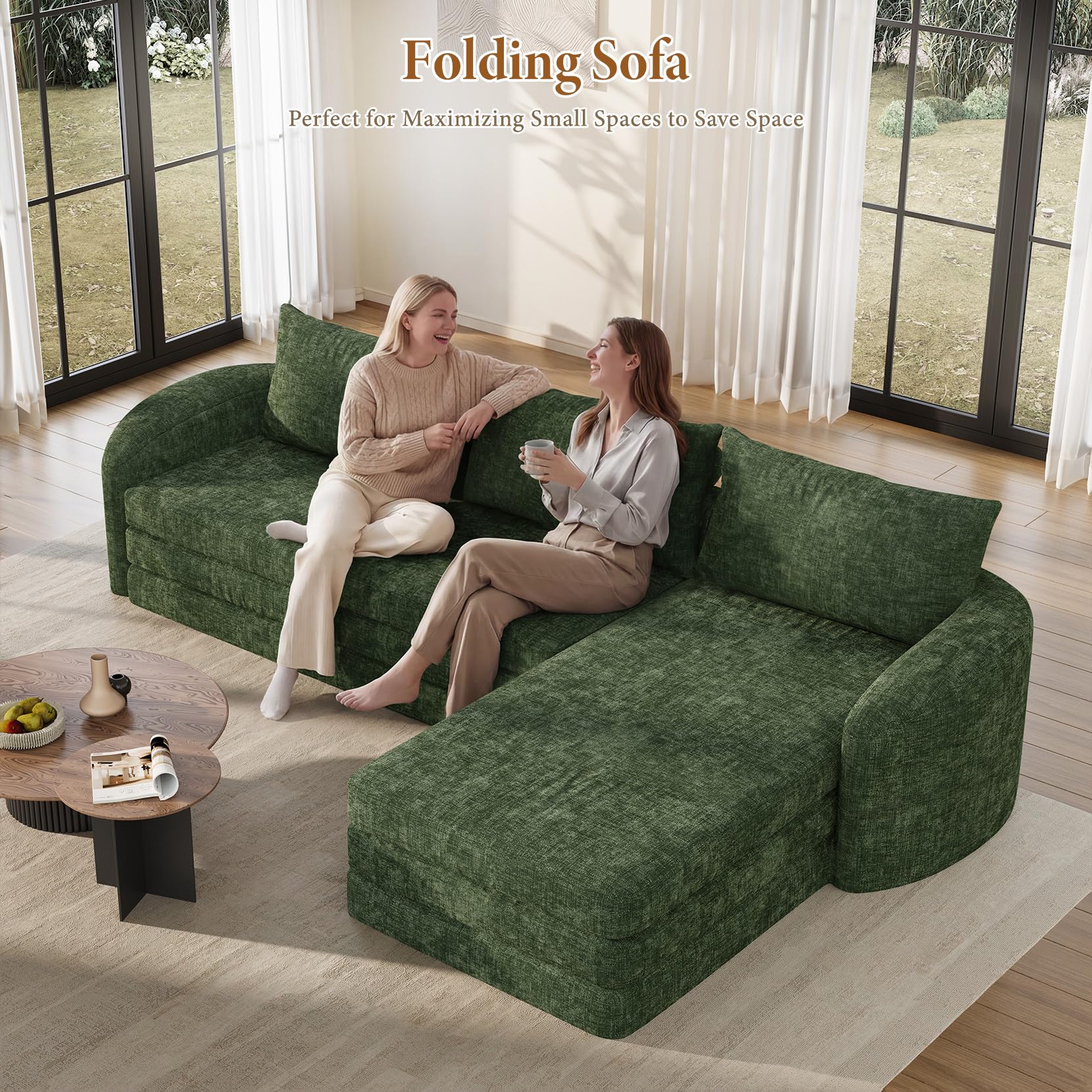 Vesgantti 6 in 1 Convertible Folding Sleeper Sofa Bed, No Assembly, Green | 110.2" L Shaped Modular Sectional Sofa, Curved Armrest, Deep Seat Boneless Couches for Living Room, Chenille, Right Facing