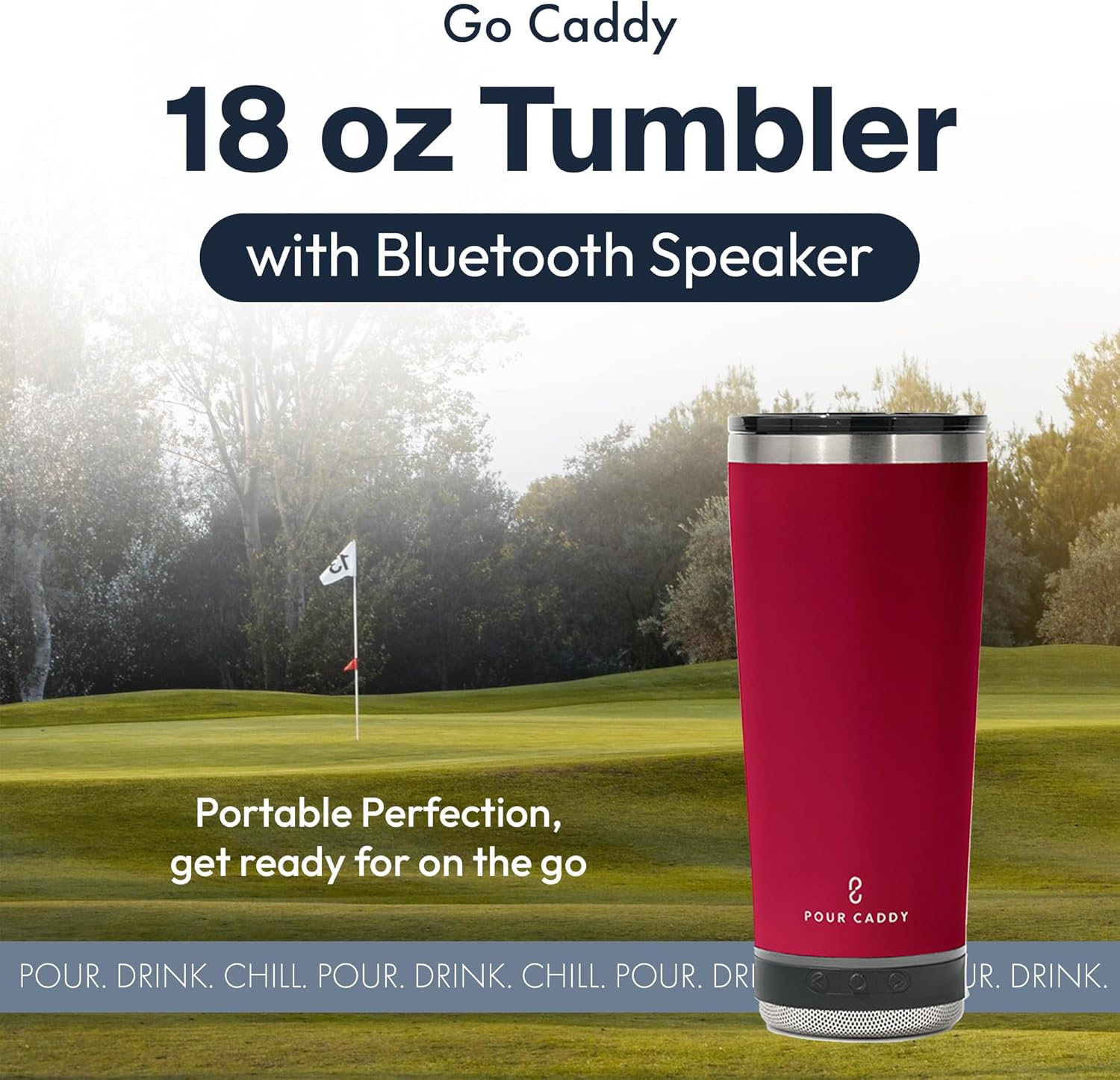Go Caddy 18 oz Tumbler with Bluetooth Speaker, Insulated Stainless Steel Travel Cup with Lid, Hot & Cold Drink Beverage Container, Removable Speaker with Microphone, Rubber Base, Red - Image 2