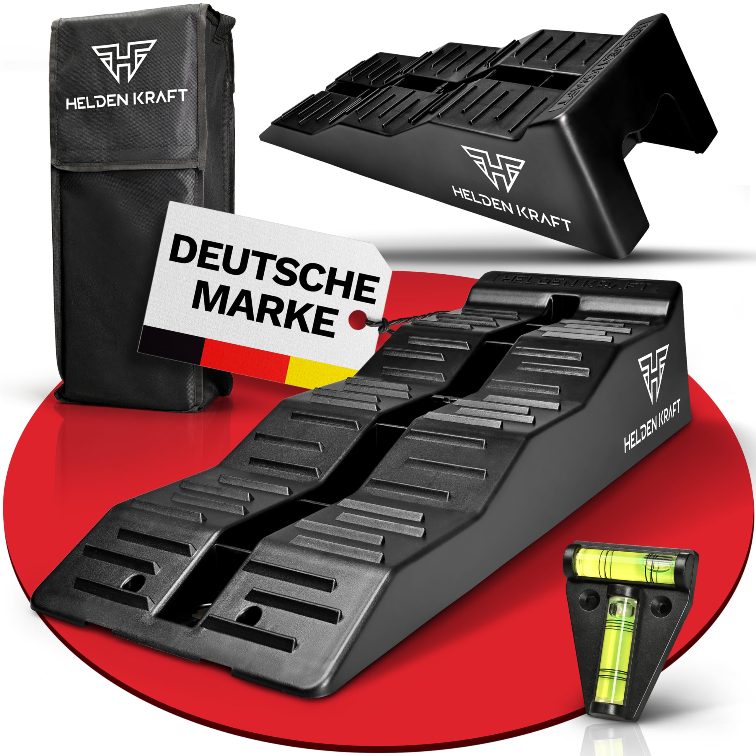 Auffahrkeile Für Wohnmobil [2er Set] – 13,5t Tragkraft Mit Gummimatten, Wasserwaage & Tasche – Rutschfeste Unterlegkeile Für Camper & Anhänger (Blau)