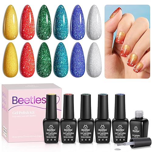 Miniatura 8 de Beetles - Esmalte de uñas de gel con purpurina, 6 colores, rojo, verde, azul, juego de esmalte de uñas de gel para remojar con lámpara LED UV para