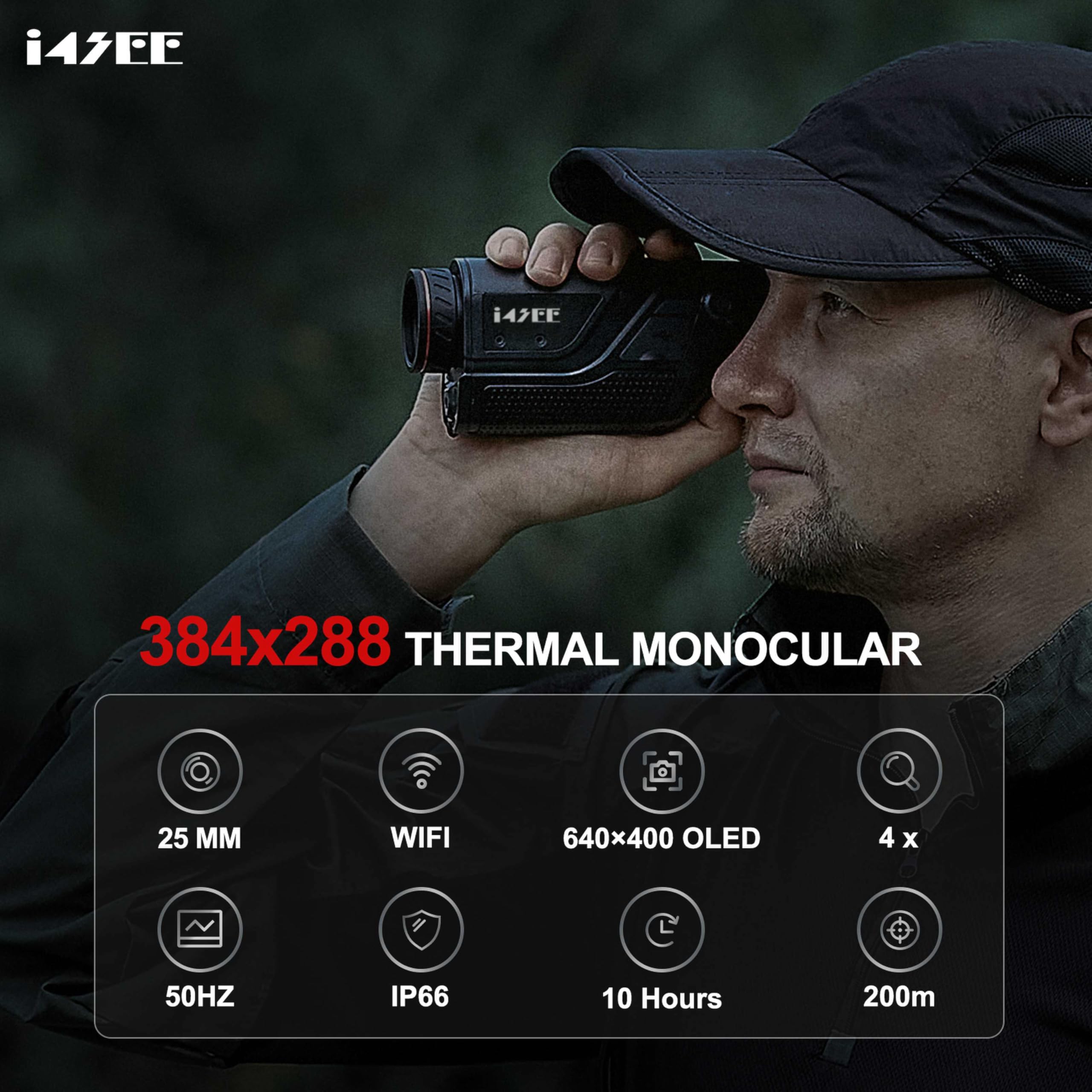 i4SEE M25-384 Thermal Imaging Monocular for Hunting, 10mm Focal Lens 384x288(50Hz) Infrared Night Vision Telescope with Long Battery Life Up to 10 Hours, Thermal Scopes for Outdoor Night Vision