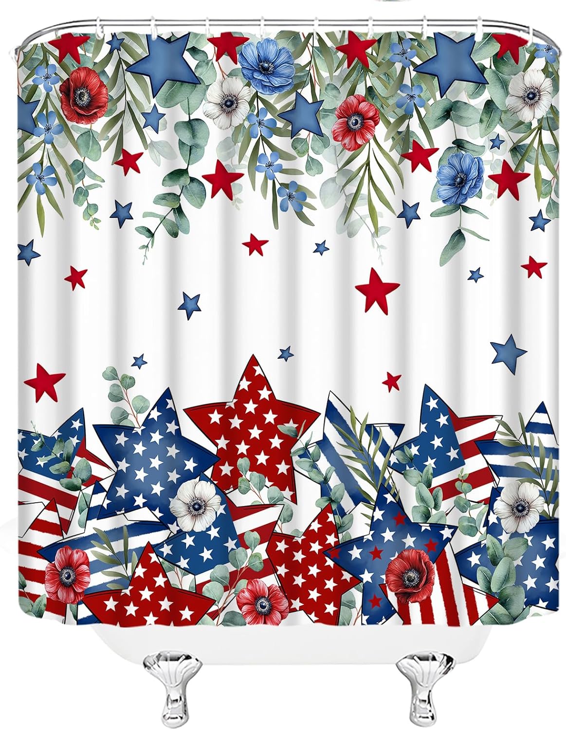 4th of July Floral Shower Curtain,Red White Blue Star Sage Leaf Patriotic Leaves Independence Polyester Bathroom Curtain with 12 Hooks,Bathtub Home Decor,70x84 Inch