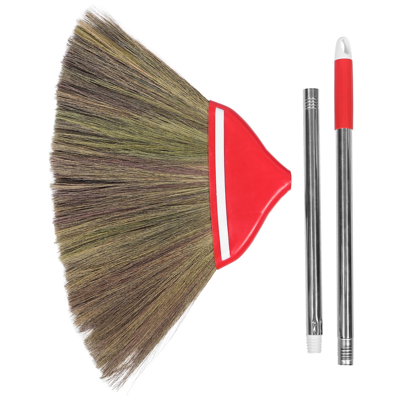 VANZACK Escoba de Mano Tejida a Mano de Césped Natural, 106 Cm Mango Doble Rojo, Escoba para Interiores y Exteriores, Adecuado para Limpieza de Cocina, Patio y Suelos de Madera