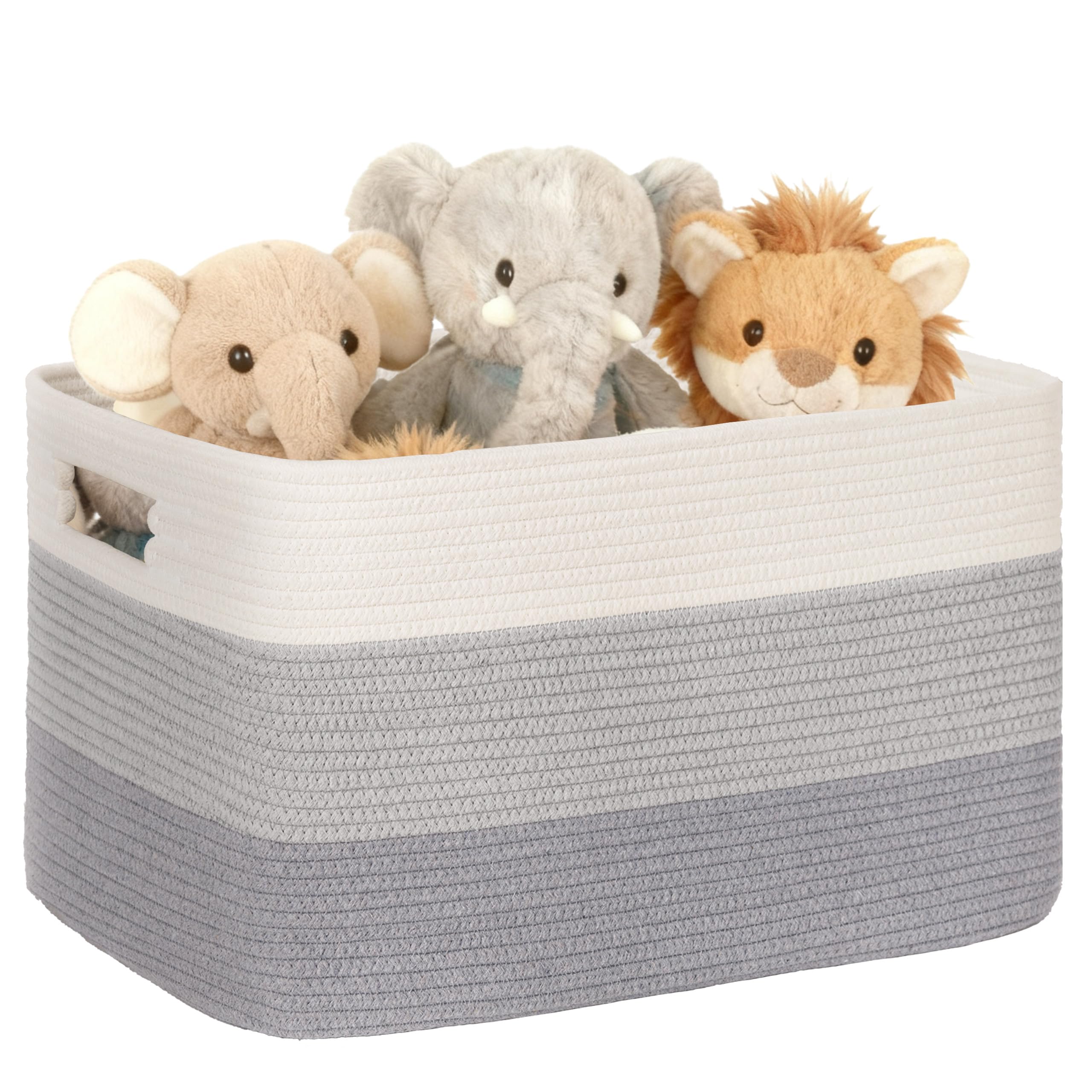 MYHOMMATTO 45L Small Laundry Basket with Leather Handles for Living Room Storage,Woven Rope Baskets Bin for Blanket,Kids Toy,Gifts,Wicker Hamper for Bedroom Dirty Clothes,18"x14"x11"Gradient Grey