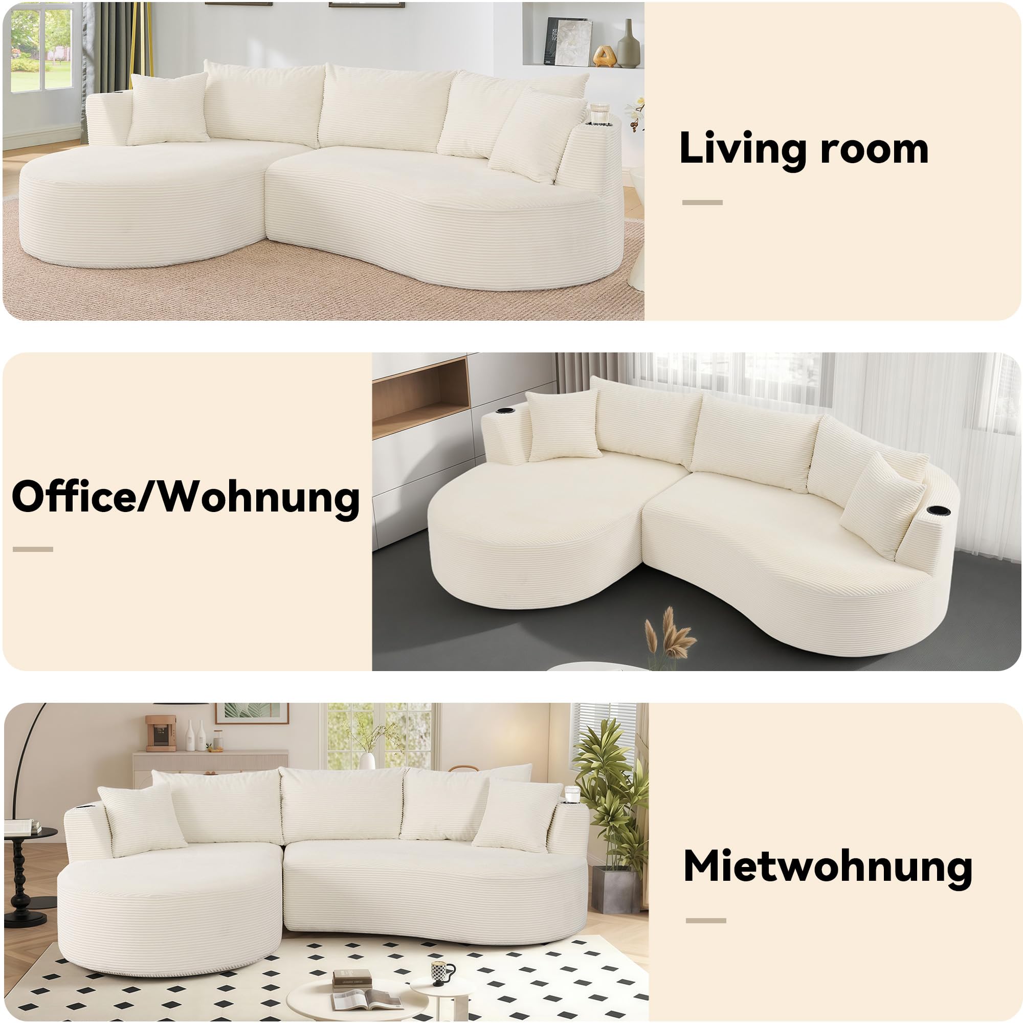 Sofá de 3 Plazas con Pana Suave, Chaise Longue Izquierda, Beige, 2 Piezas