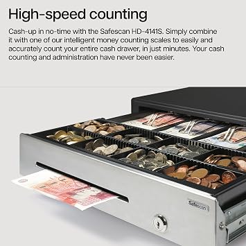Safescan HD-4141S Heavy-Duty Cash Drawer that Safely Stores Your Cash - Till Drawer with 4 Note and 8 Coin Slots - Cash Till with RJ-12 Connection - Robust Cash Register Drawer of 41 X 41.5 X 11.5 cm
