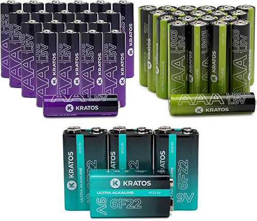 Kratos Power Paquete de baterías alcalinas de alto rendimiento con 20 AA 20 AAA y 4 baterías de 9V multiusos de larga duración 10 años de vida útil