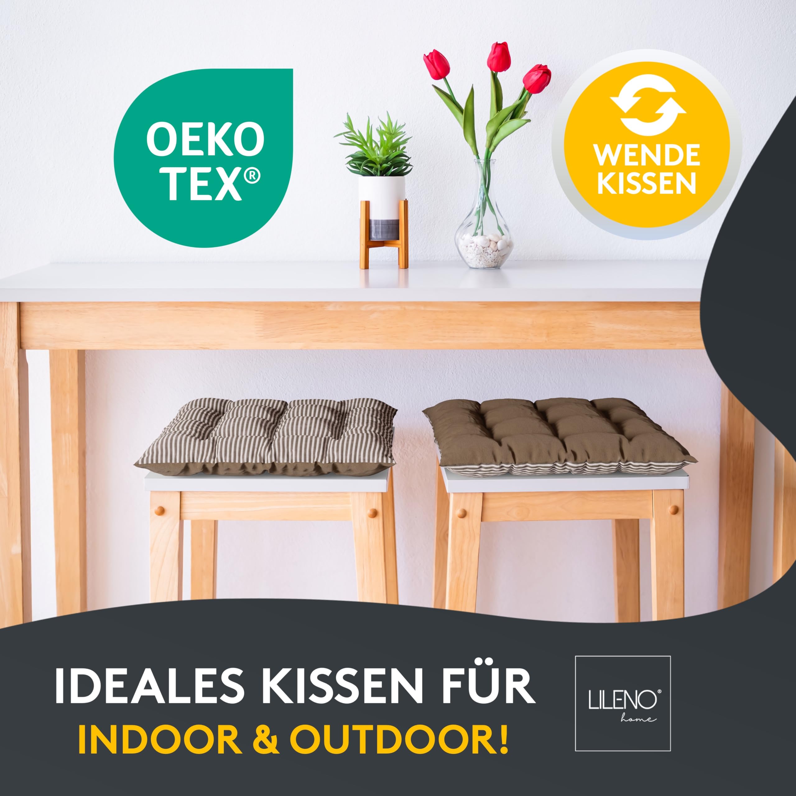 LILENO HOME - Set di 2 cuscini per sedia reversibili da giardino, cucina o sala da pranzo, 40 x 40 x 6 cm, colore: marrone. Cuscini a strisce per interni ed esterni (Linda FUM)