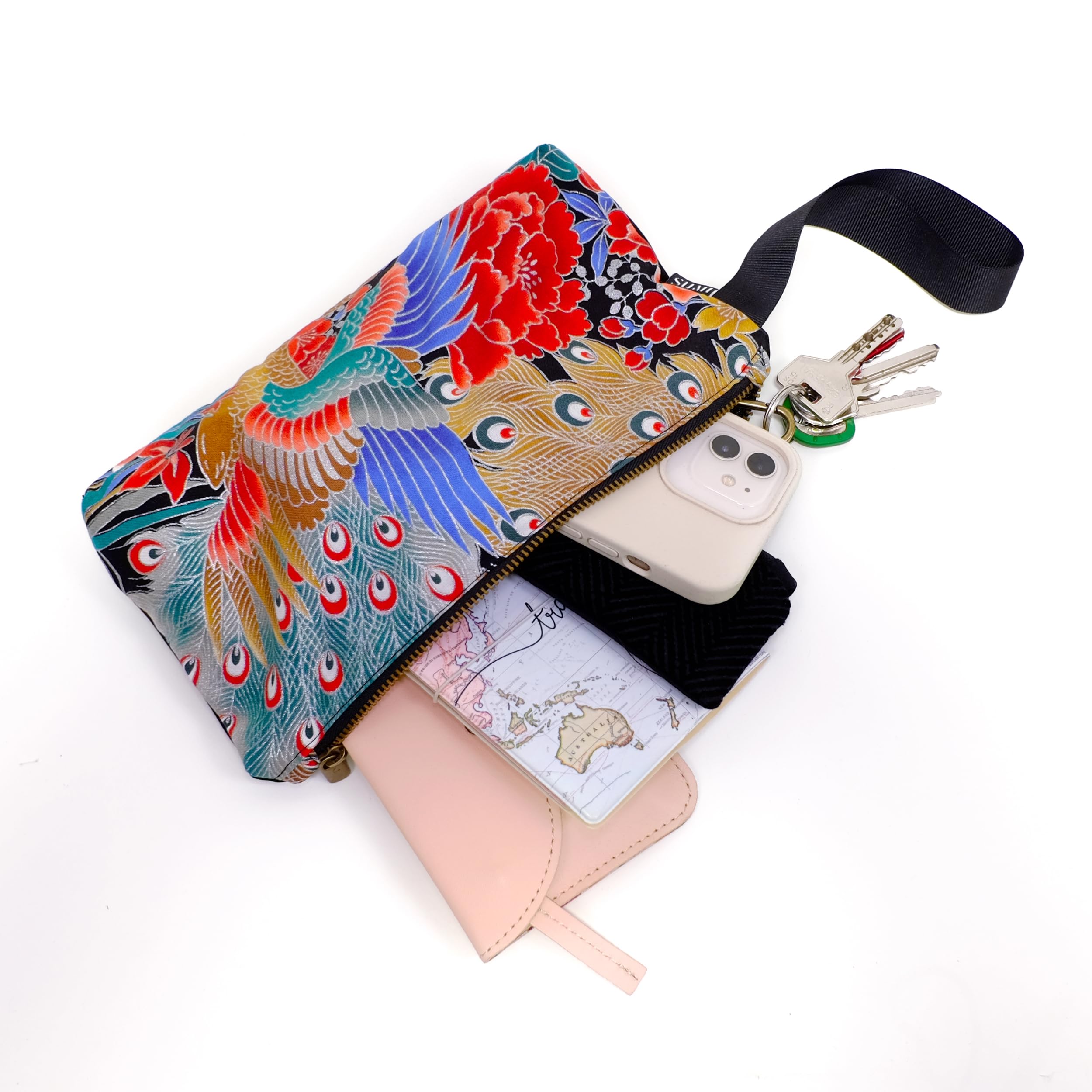 SUMI Bolso de Mano Estilo Japonés, Bolsito Versátil de Mujer, 24 x 17 cm, Cremallera, Estampado tradicional Japonés