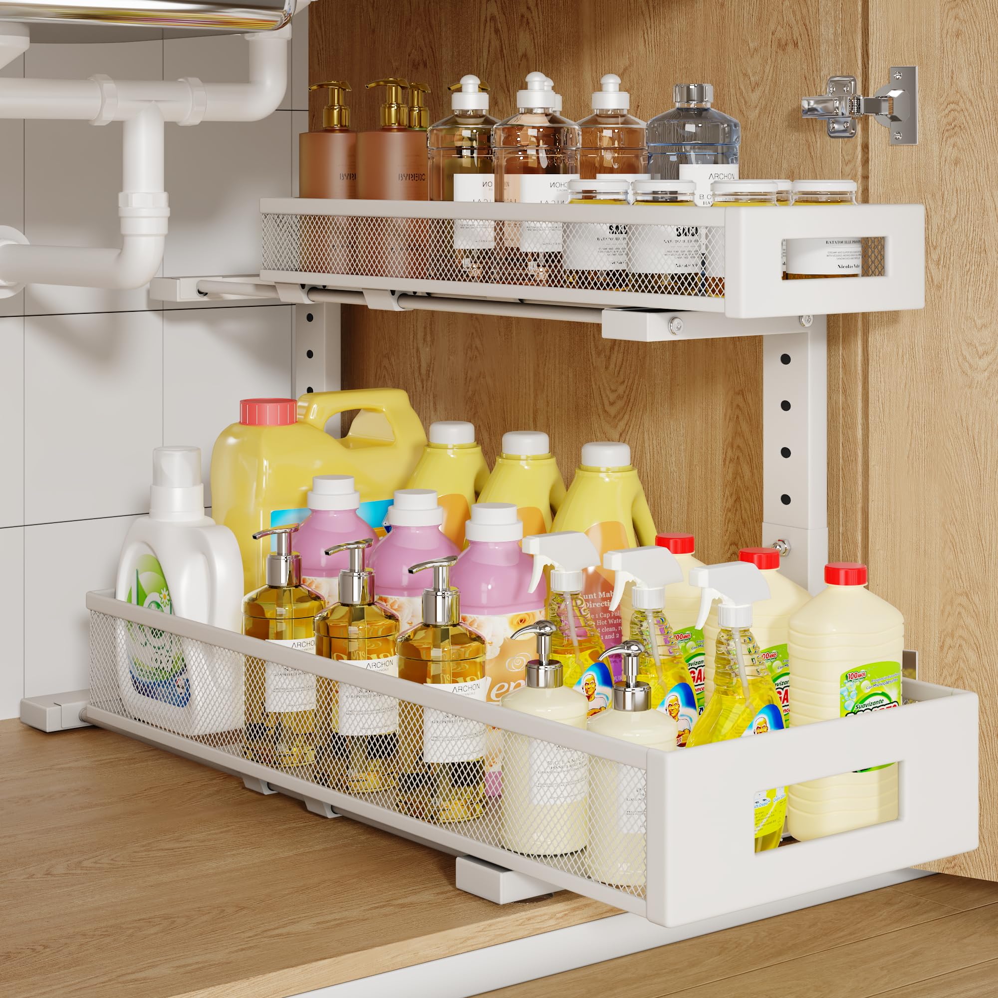 Biboraya 1 Pack 20.47IN Depth Under Sink Storage Organizer, Large 2-Tier Elegant Mesh Pull Out Shelf for Kitchen and Bathroom Cabinet Organization,