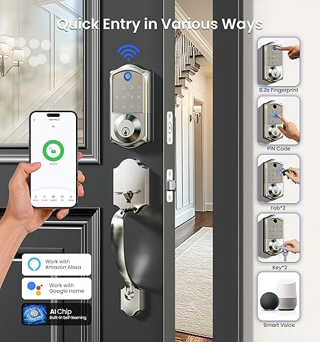 Miniatura 2 de Veise VE017G-H - Juego de cerradura inteligente de huellas dactilares para puerta delantera, control remoto, cerrojo de entrada sin llave con asa,